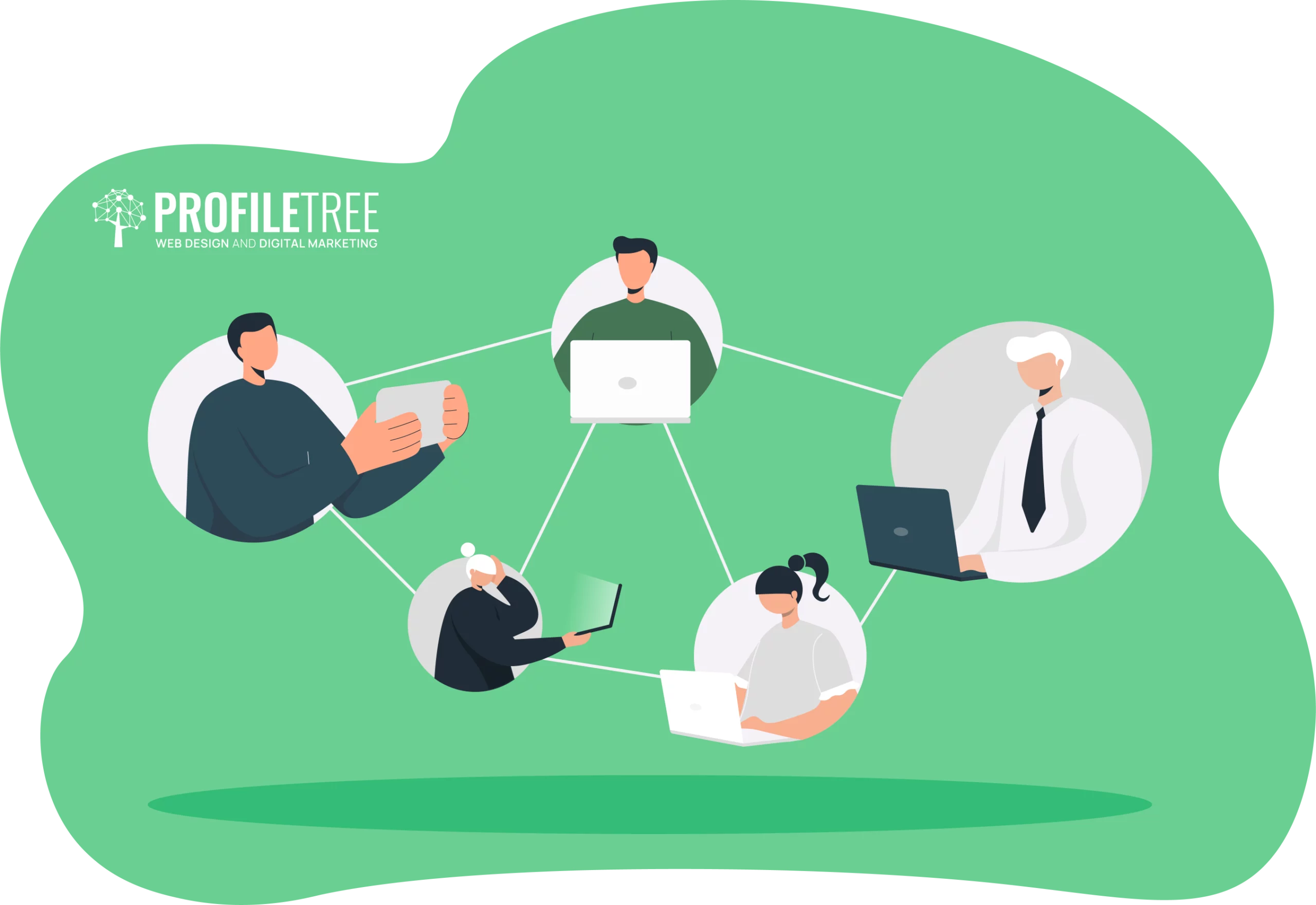 An illustration of five people connected by lines, each engrossed in their digital devices. The backdrop showcases the ProfileTree logo, symbolizing web design and digital marketing—perfect for enhancing your LinkedIn profile or embarking on a new career path.