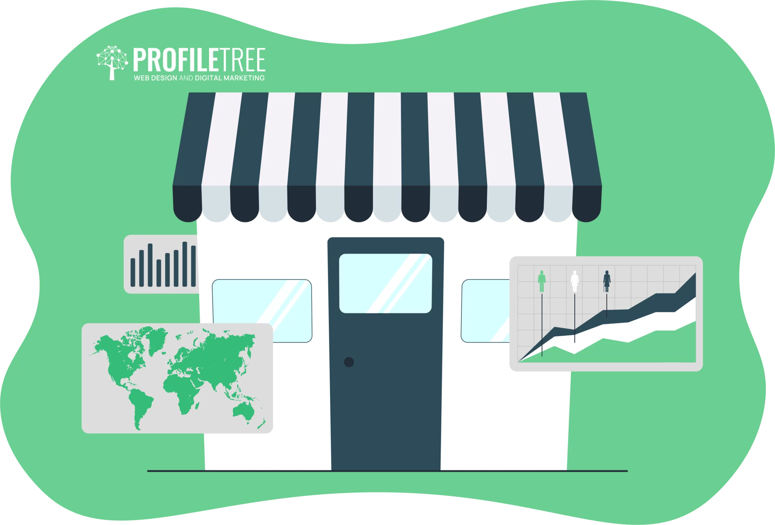 Illustration of a storefront with data charts and a world map overlay, highlighting business growth through effective marketing strategy and digital marketing.