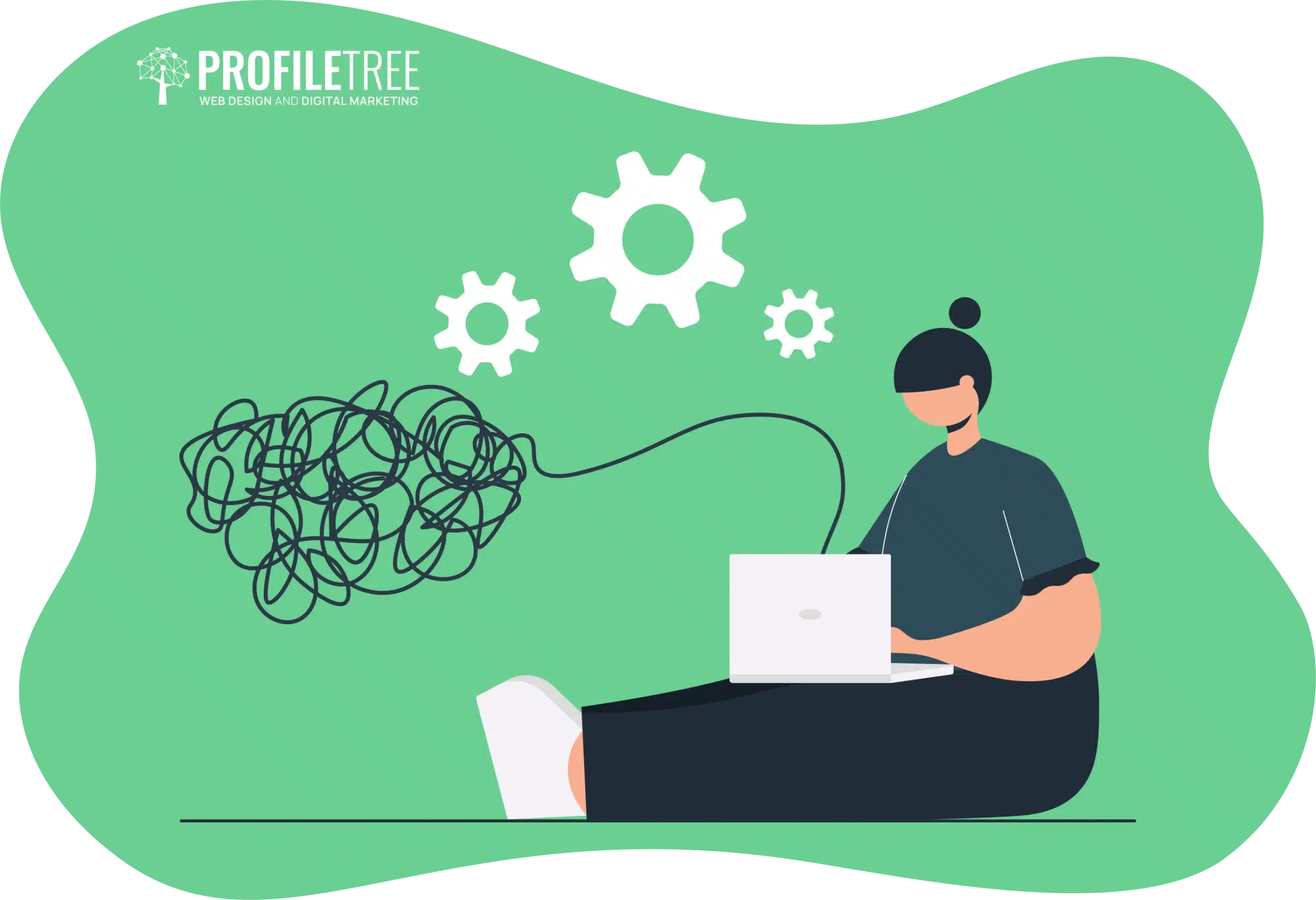 An illustration of a person seated with a laptop, connected to a tangled line leading to gears above, symbolizes problem-solving or processing complex thoughts—a nod to mental health and the journey of uplifting growth.