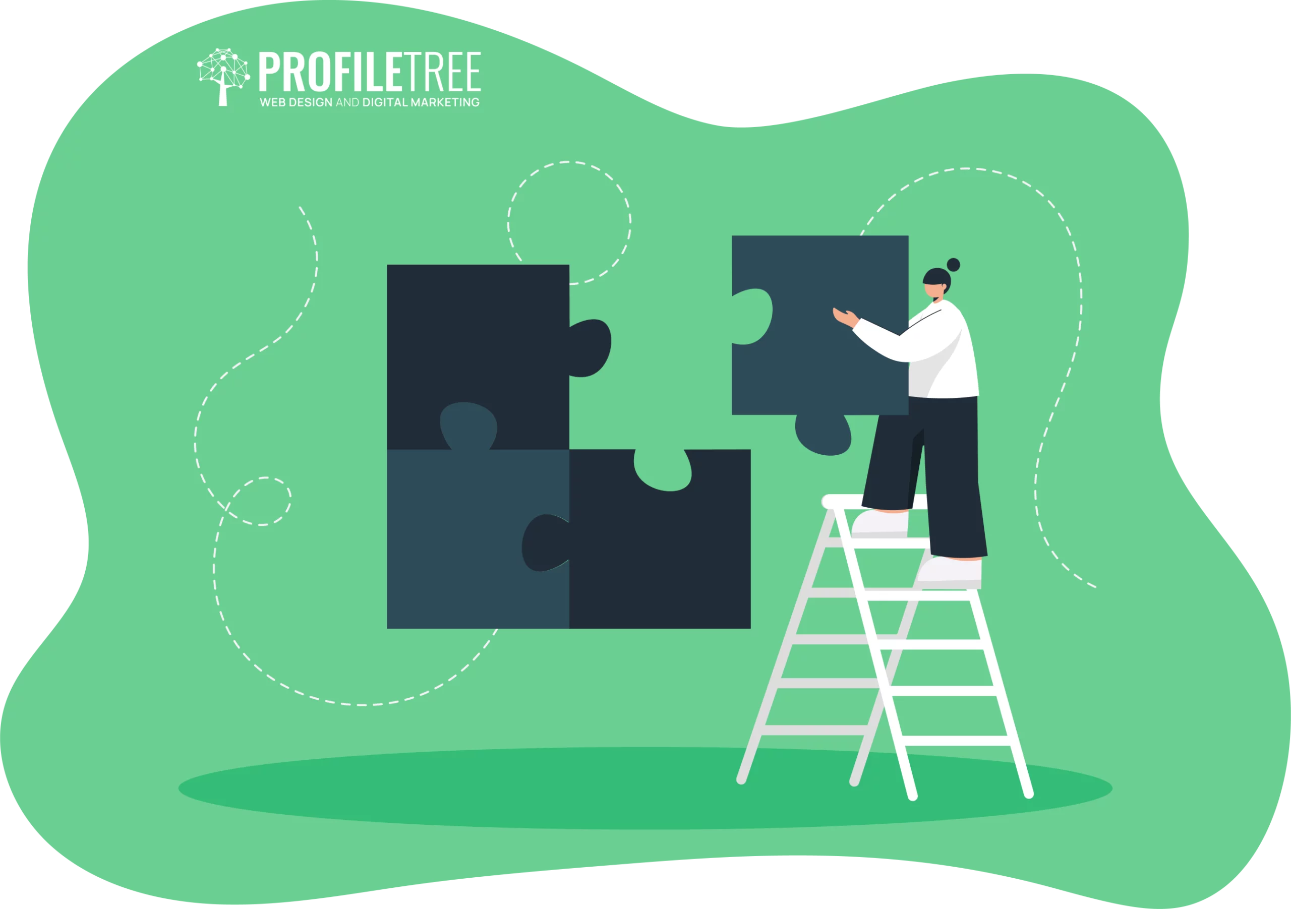 A person stands on a ladder assembling large puzzle pieces on a green background, symbolizing career growth, with the ProfileTree logo in the top left corner.