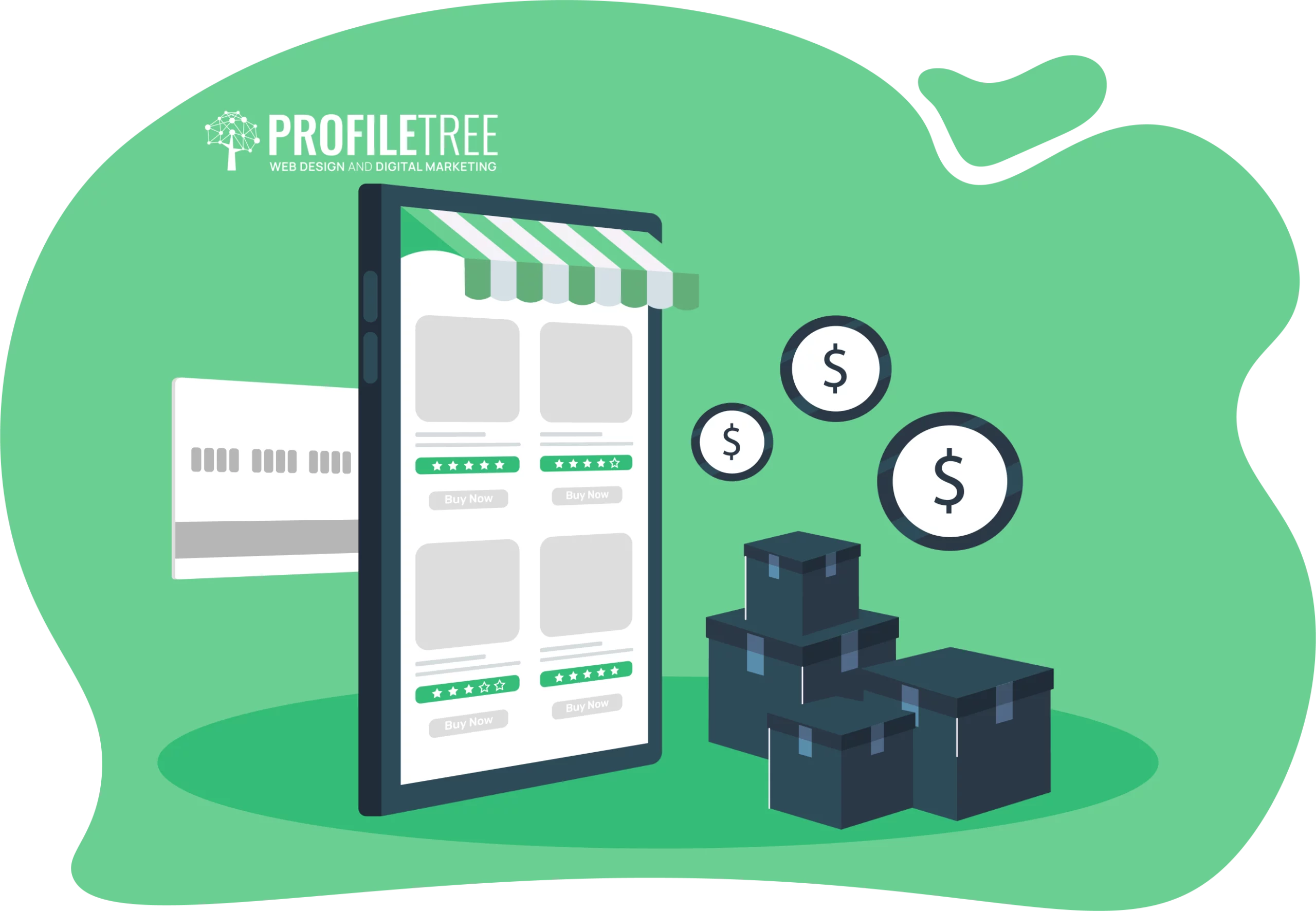 Illustration of a smartphone displaying a Dropshipping Website, with a credit card, stacked boxes, and floating dollar symbols, set on a green background.