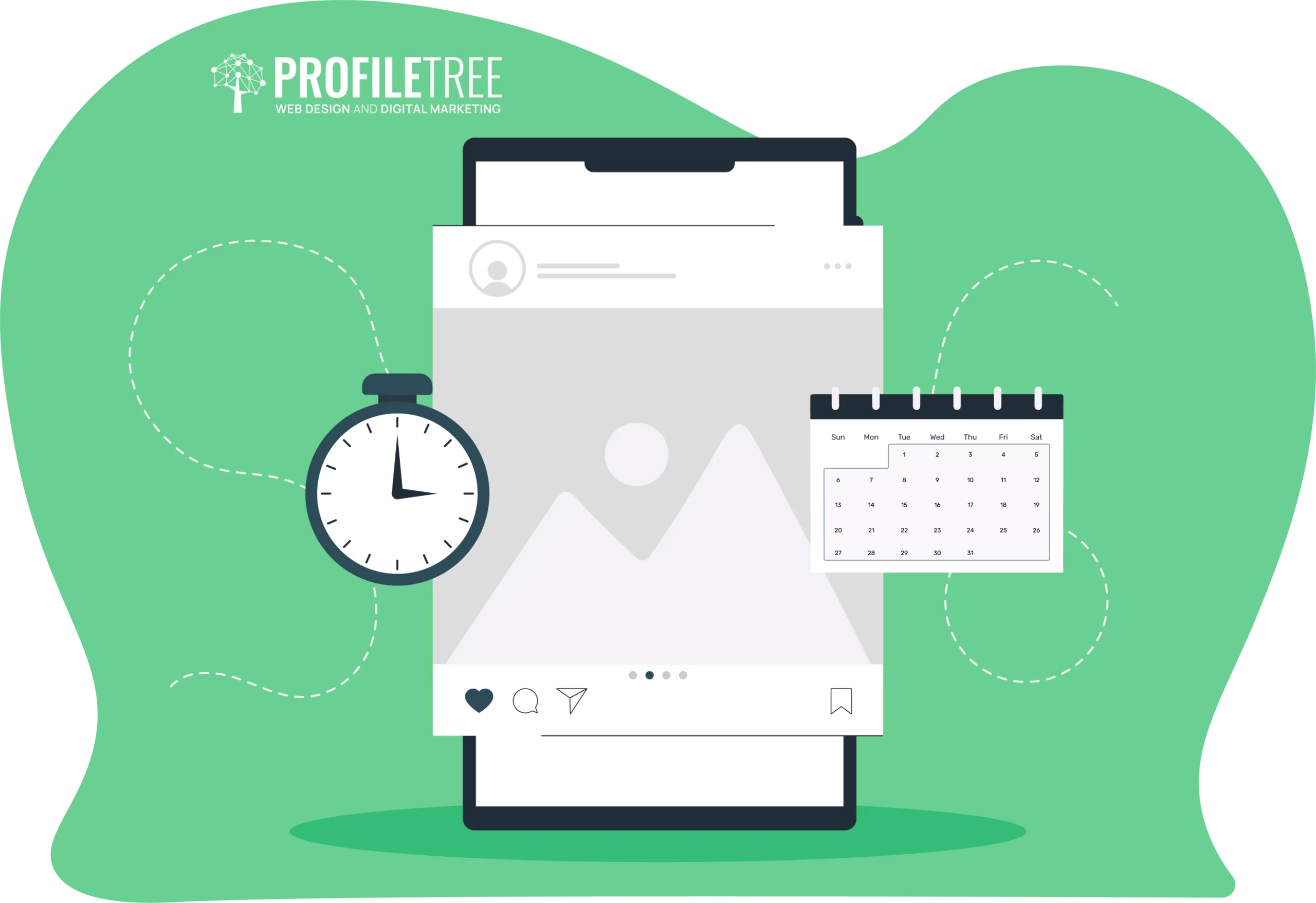 Illustration of a smartphone displaying an Instagram for Business post, with clock and calendar icons overlapping, and the "ProfileTree" logo in the top left corner.