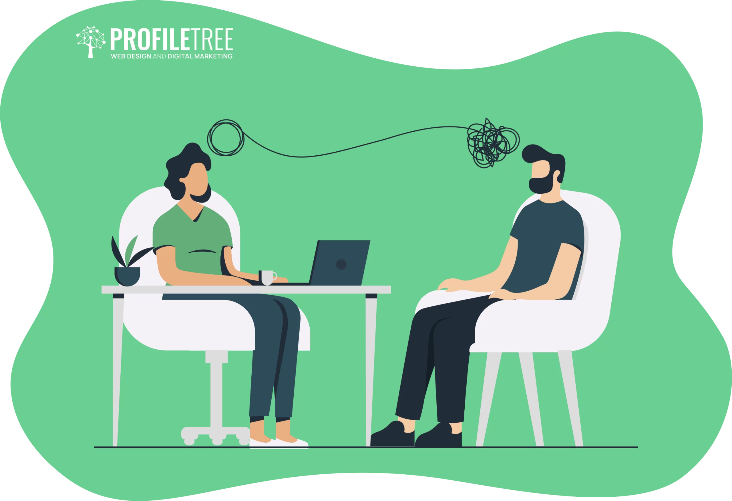 Two people sit across from each other at a table, one using a laptop. A tangled line connects their heads, symbolizing confusion or miscommunication. As they focus on mental health training for uplifting growth, the green background features the "ProfileTree" logo.