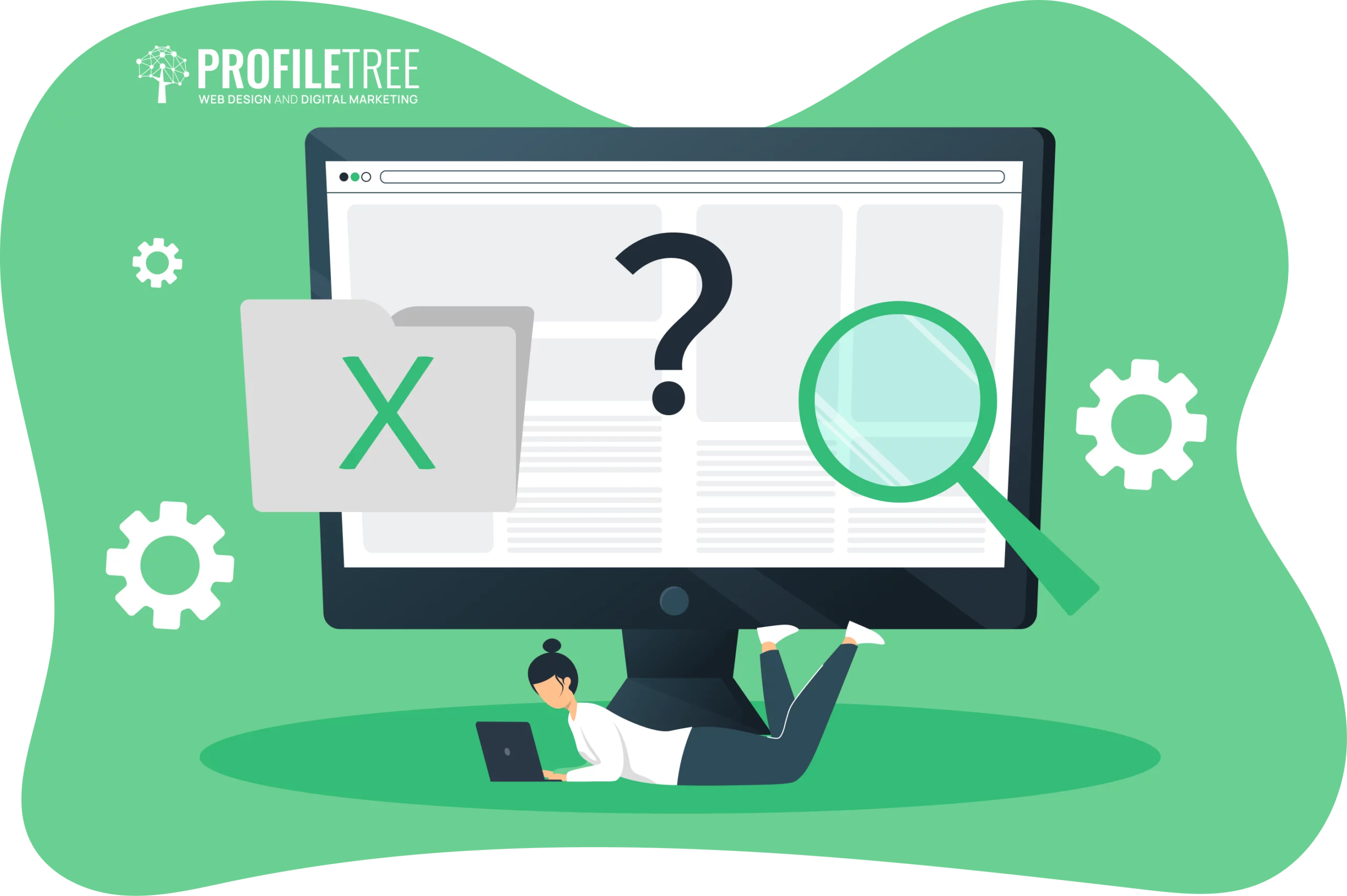 Illustration of a person lying with a laptop, facing a large screen displaying a folder icon, question mark, and magnifying glass, surrounded by gears. This setup hints at common mistakes people make when setting up Google Analytics. Text: ProfileTree Web Design and Digital Marketing.