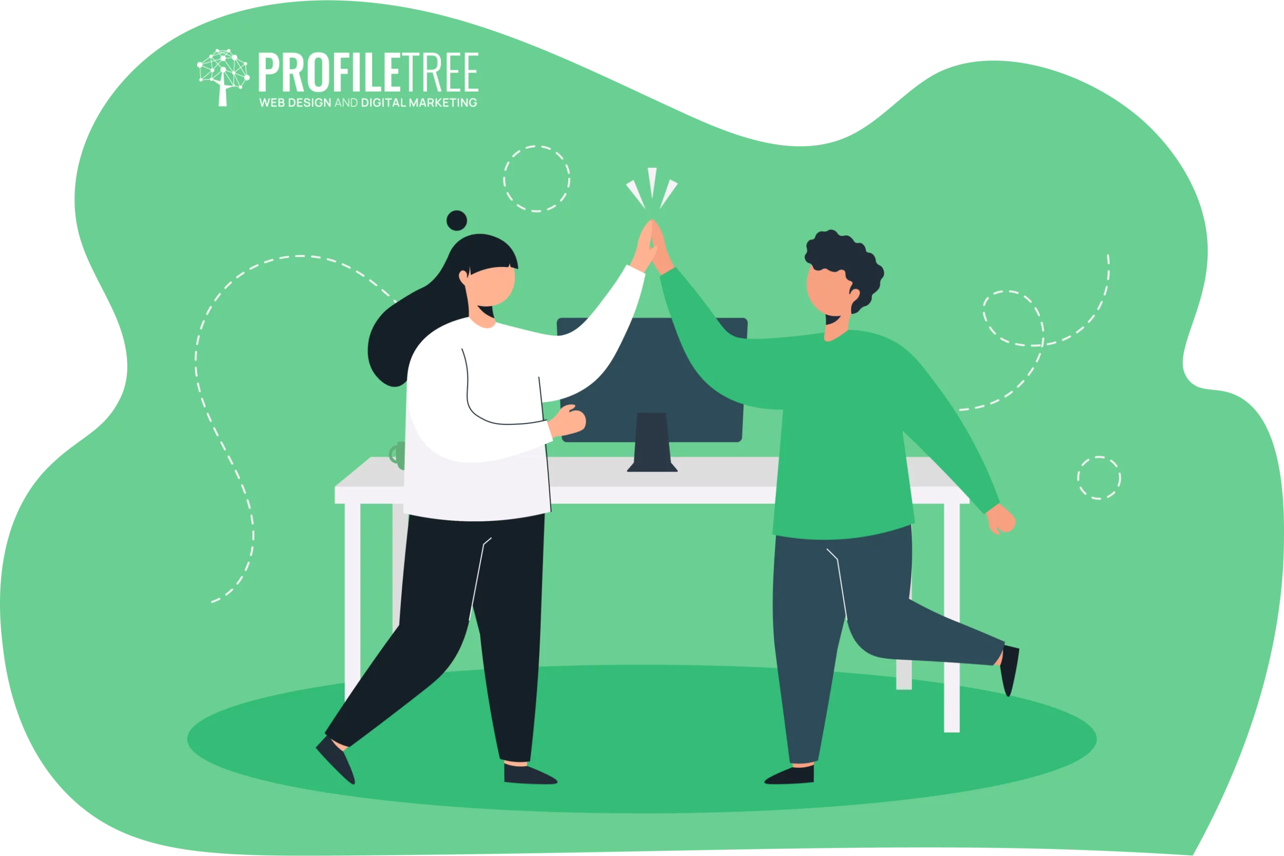 Two people stand in front of a desk and computer, giving each other a high five, celebrating their success with Interactive Methods, with the ProfileTree logo in the top left corner.