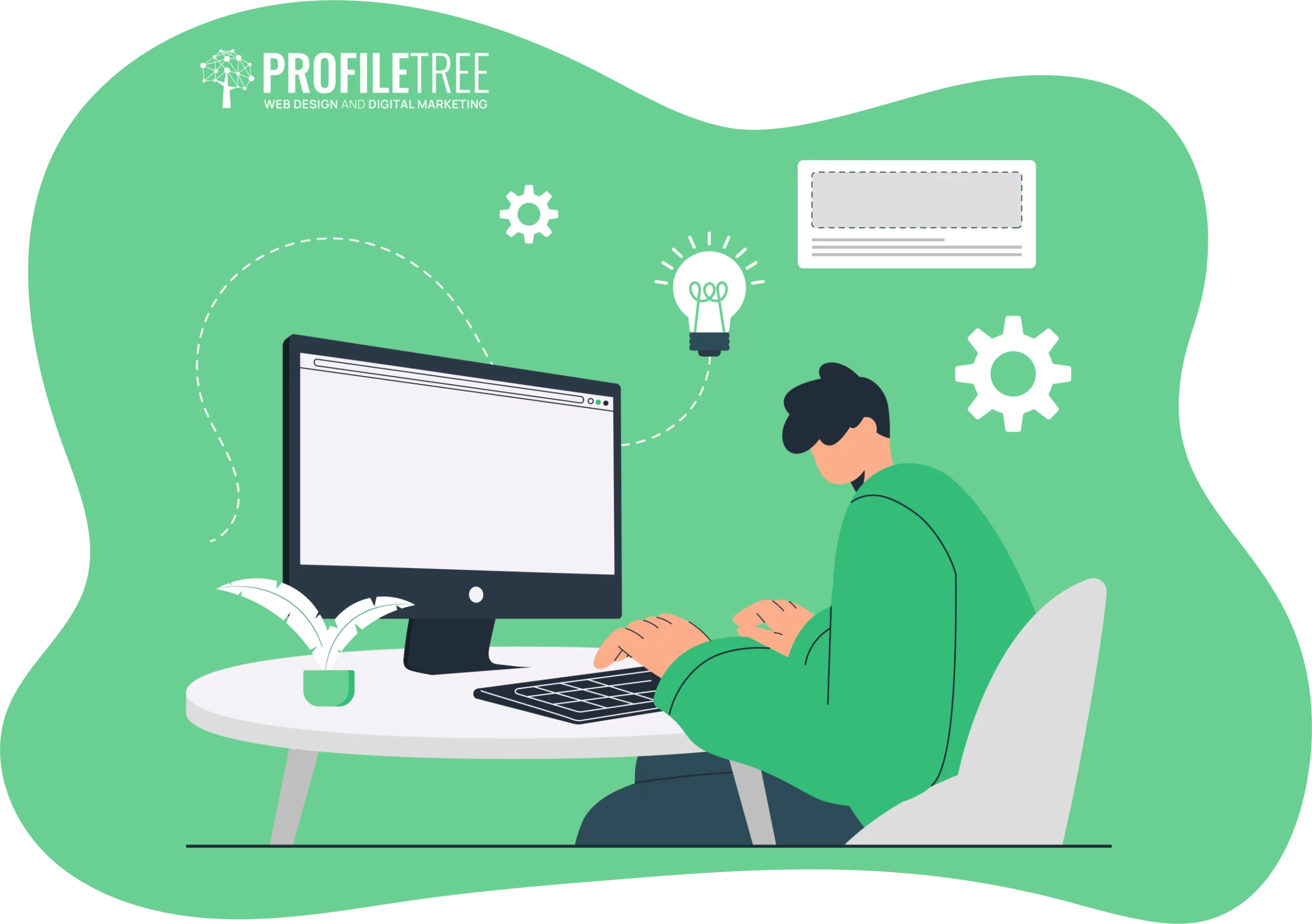 Illustration of a person working on a computer at a desk with digital marketing icons, highlighting "PROFILETREE Web Design and Digital Marketing" in the top left corner—perfect for showcasing career growth or personal projects.