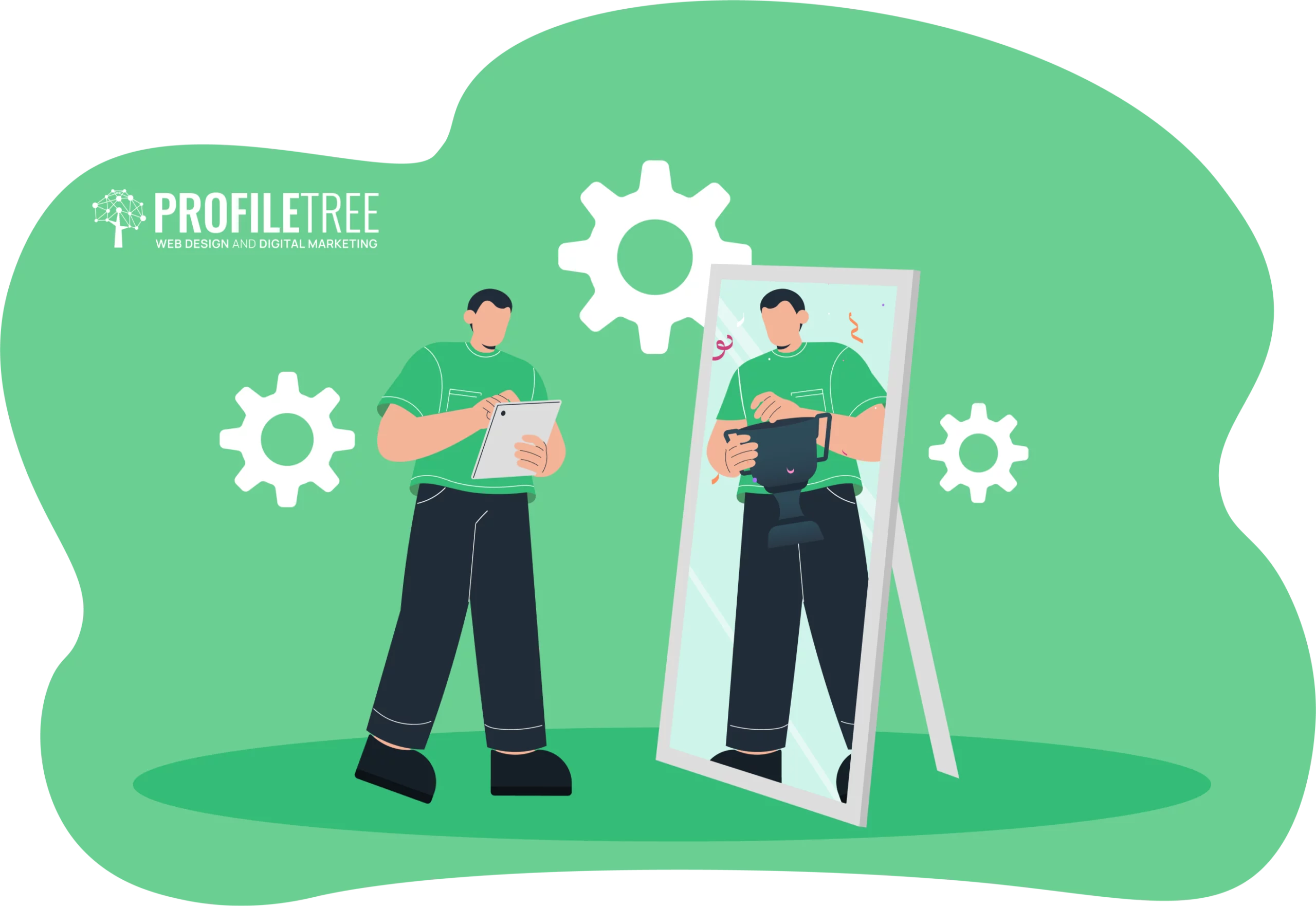 A person stands holding a tablet, facing a mirror showing their reflection working on a laptop, symbolizing new career transitions. Gears spin in the background, echoing LinkedIn's network of opportunities.