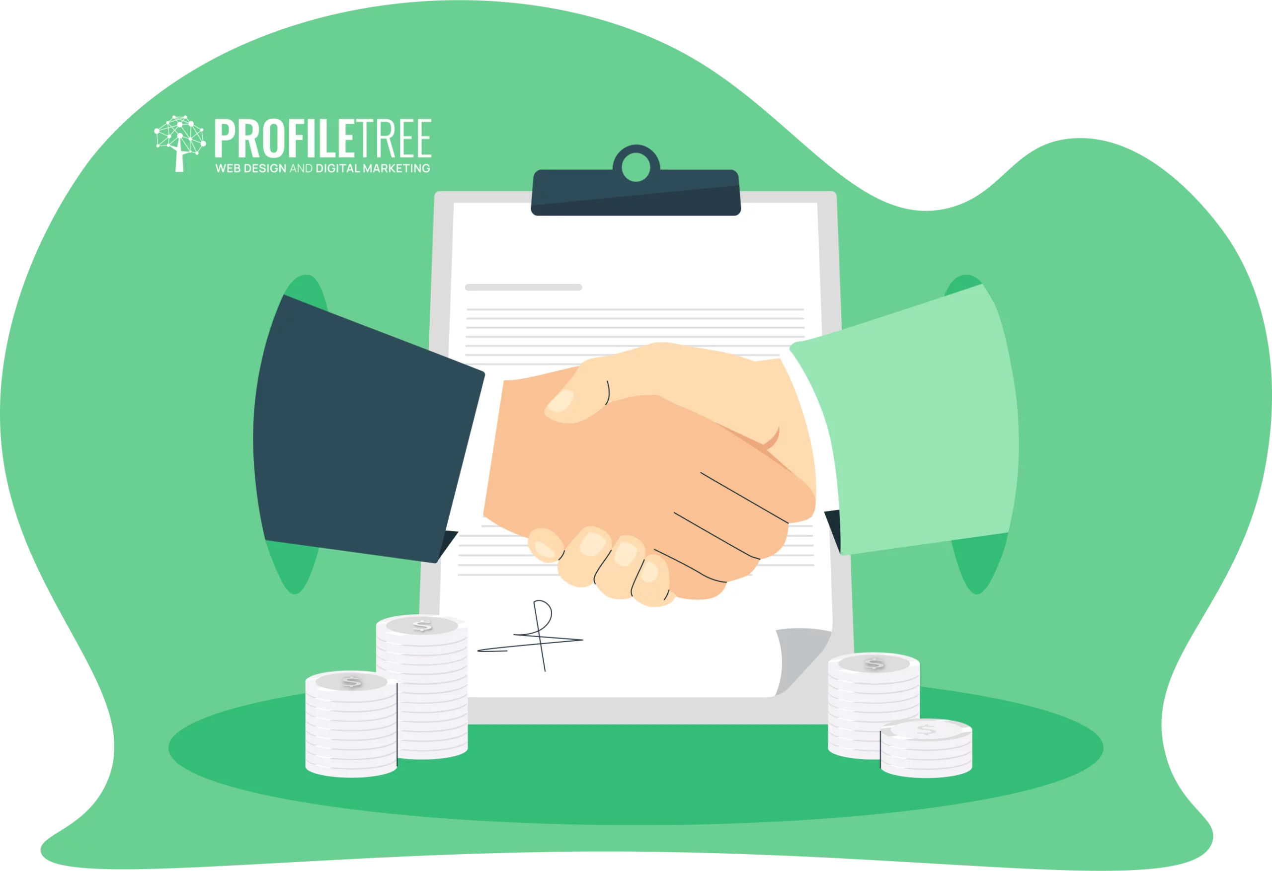 Two hands shaking in front of a clipboard with a signed document and stacks of coins, symbolizing entrepreneur business skills, with the ProfileTree logo above.