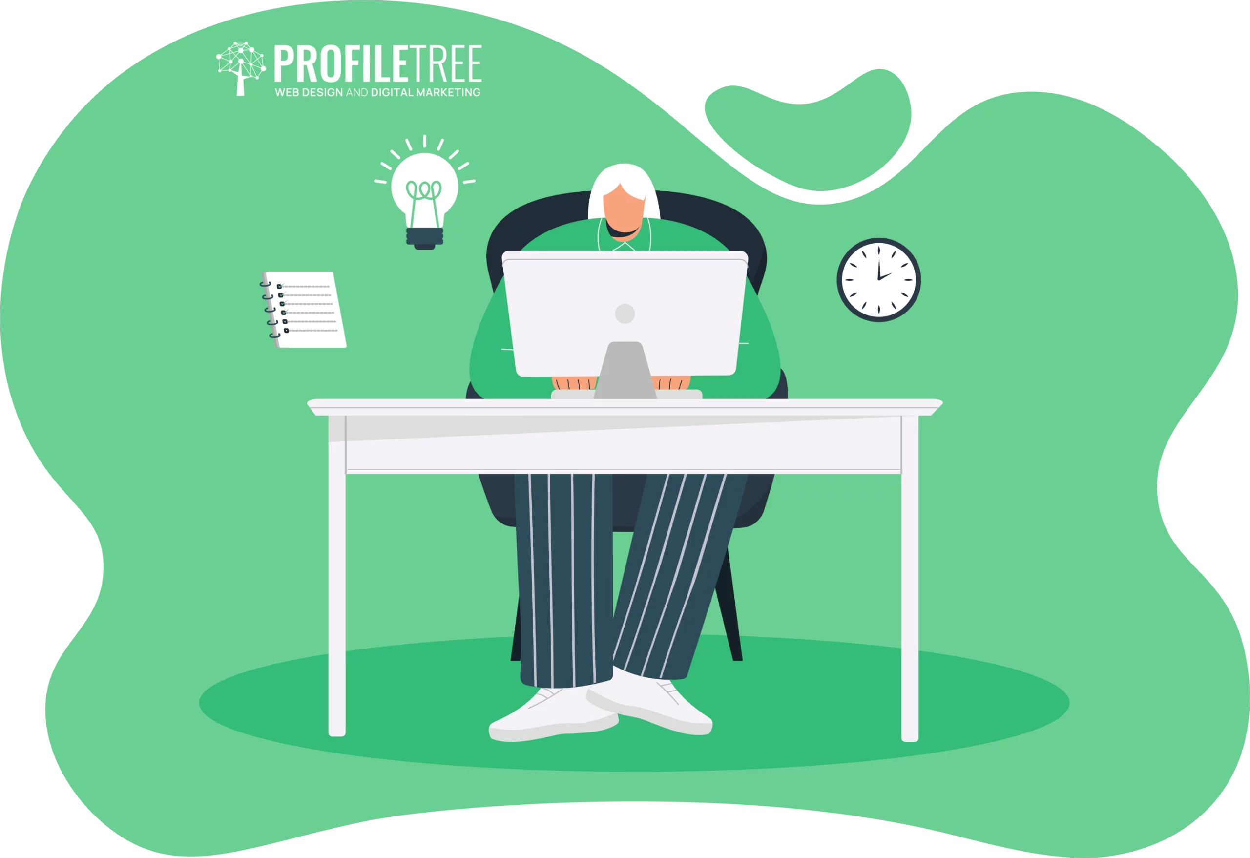 Illustration of a person at a desk working on a computer, with icons for clock, notepad, and light bulb, highlighting options for Self-Paced or Instructor-Led Training under the "ProfileTree Web Design & Digital Marketing" logo.