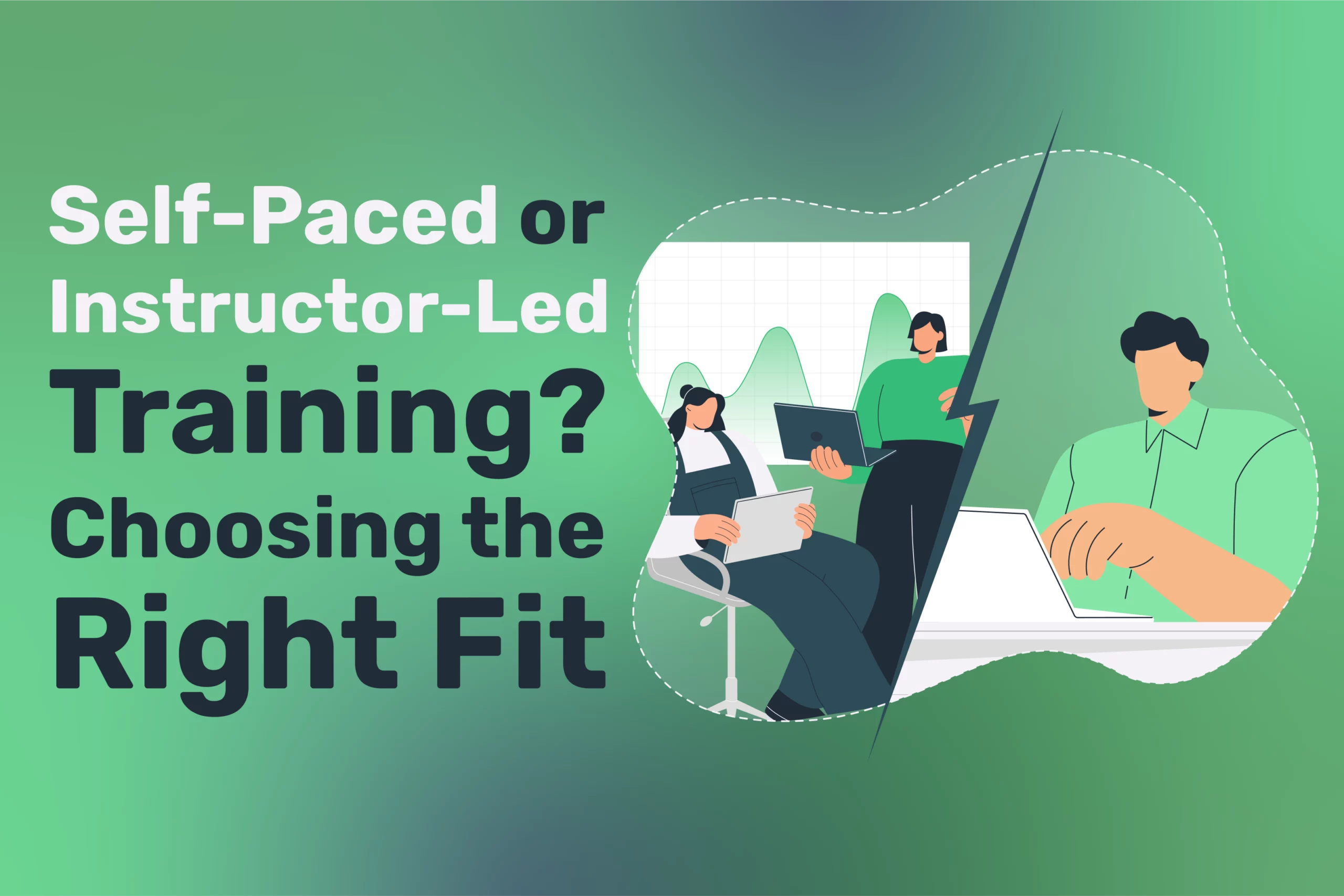 Three people work on laptops with graphs in the background, beside text asking whether Self-Paced or Instructor-Led Training is right for you.