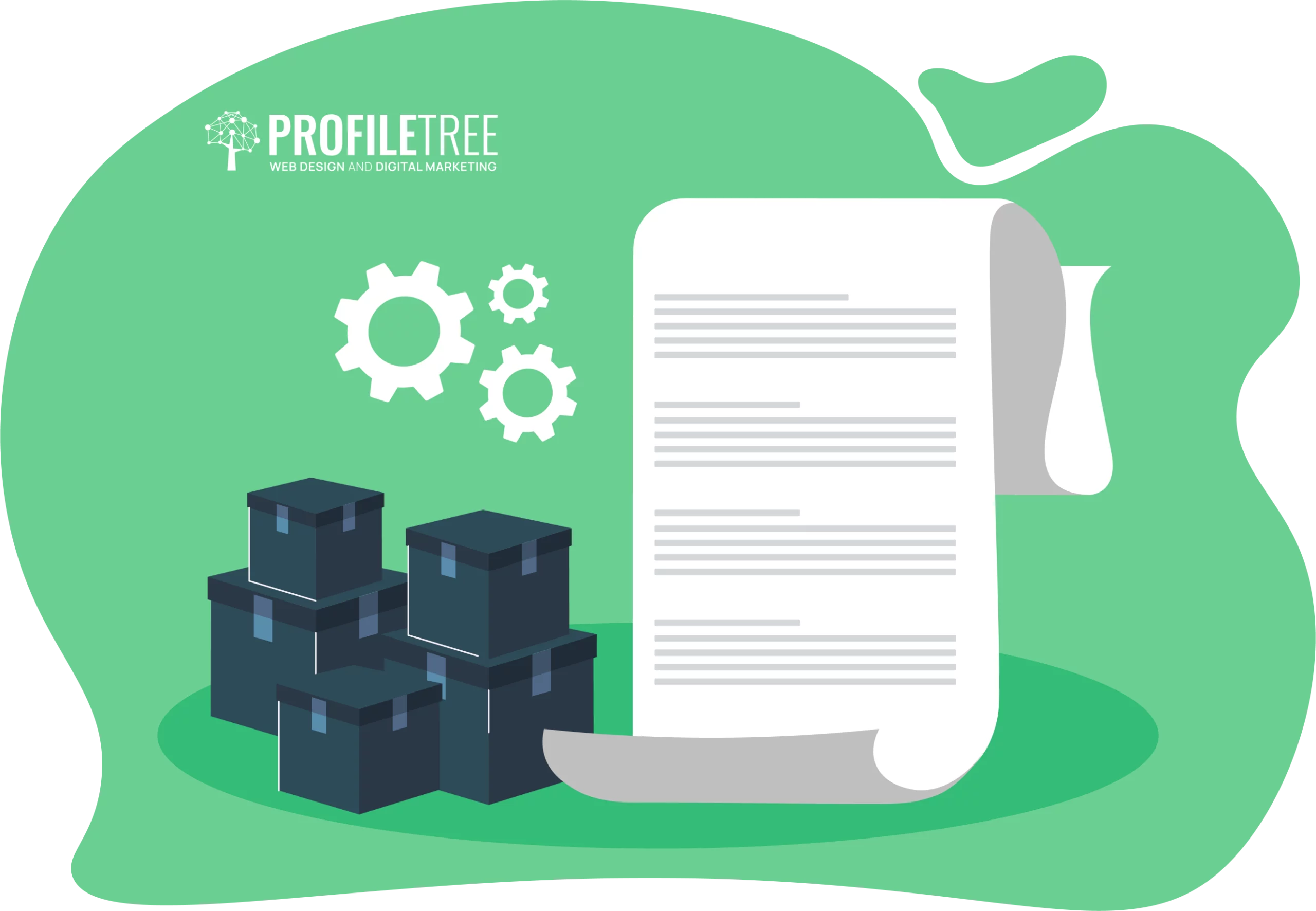 Illustration of a scroll-like document, stacked boxes, and gear icons on a green background with the "ProfileTree Web Design and Digital Marketing" logo, highlighting platform features for building your dropshipping website.