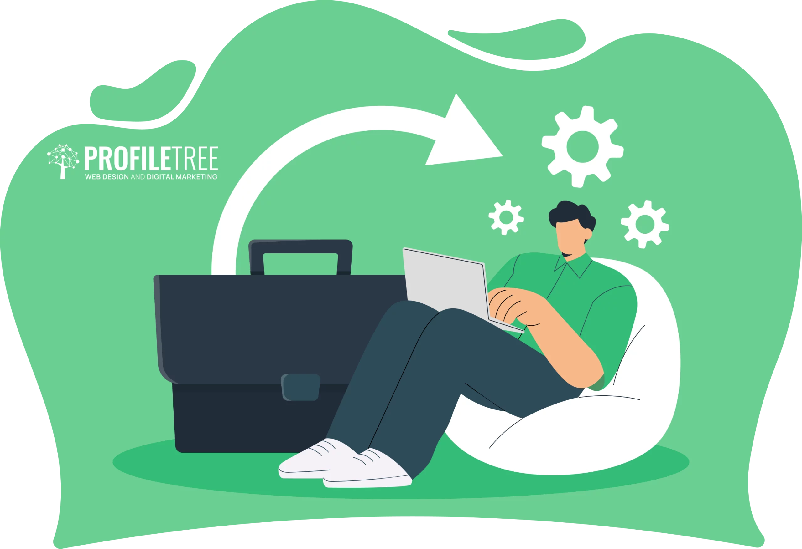 Illustration of a person sitting on a bean bag using a laptop, showcasing transferable skills, with a briefcase, gears, and arrow in the background. "ProfileTree Web Design & Digital Marketing" logo is visible.