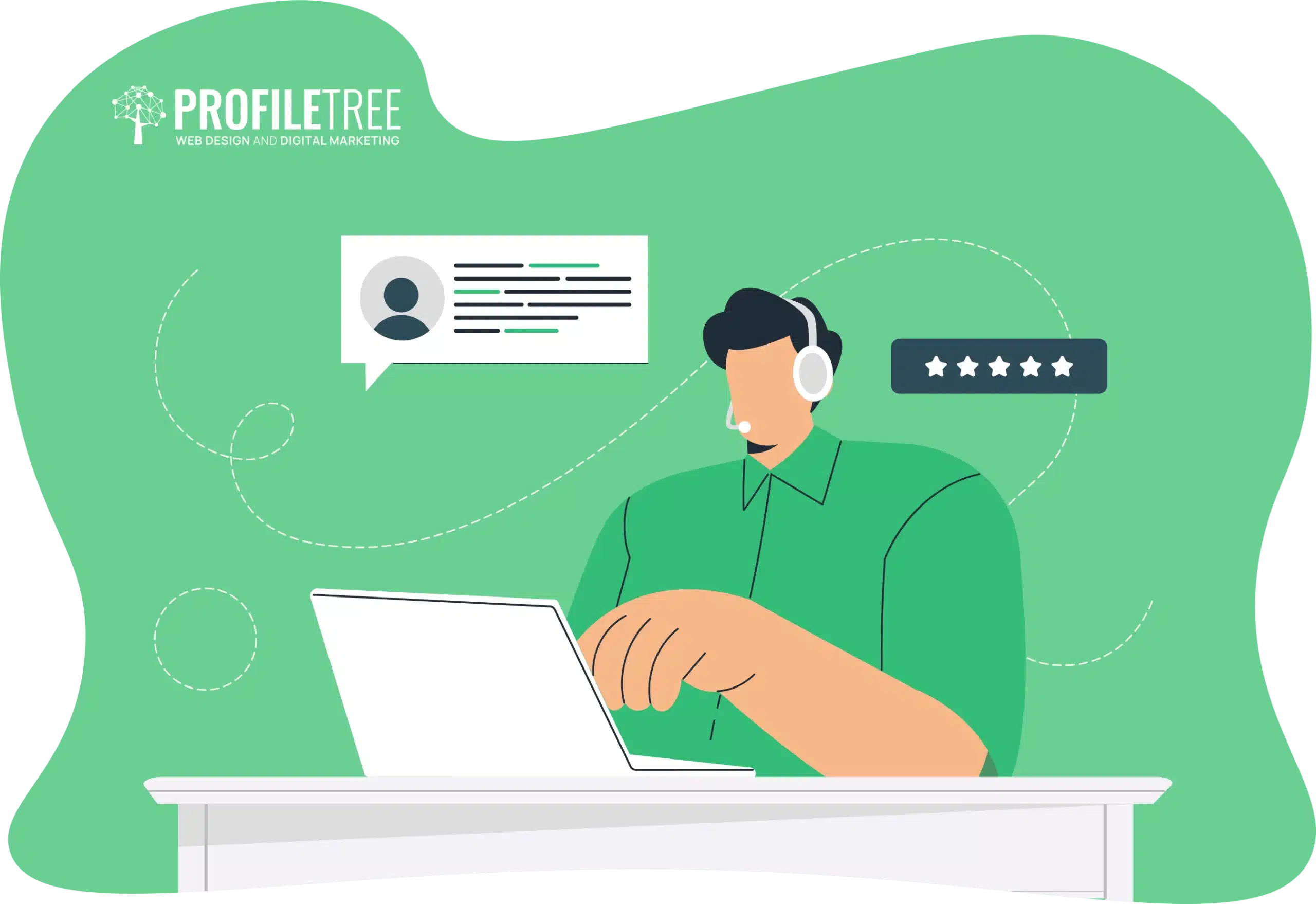 Illustration of a person with a headset working on a laptop, displaying a chatbox and five-star rating to represent Customer Service Excellence, with the ProfileTree logo in the corner.