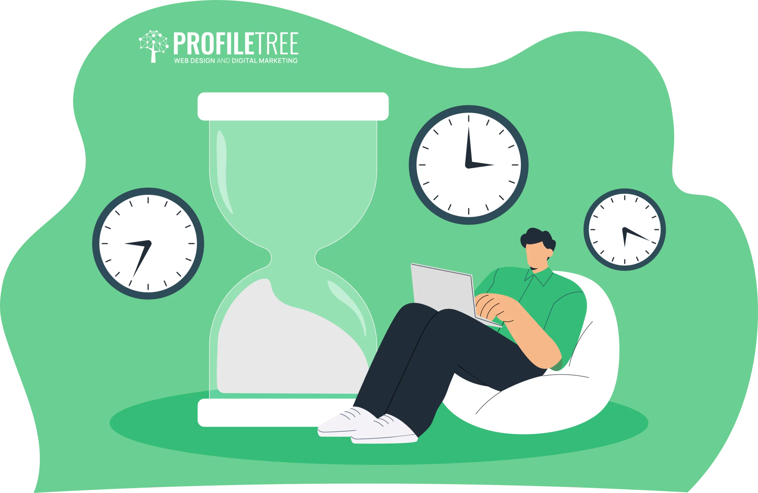 A person relaxes on a bean bag with a laptop, surrounded by an hourglass and clocks, contemplating their recent promotion.