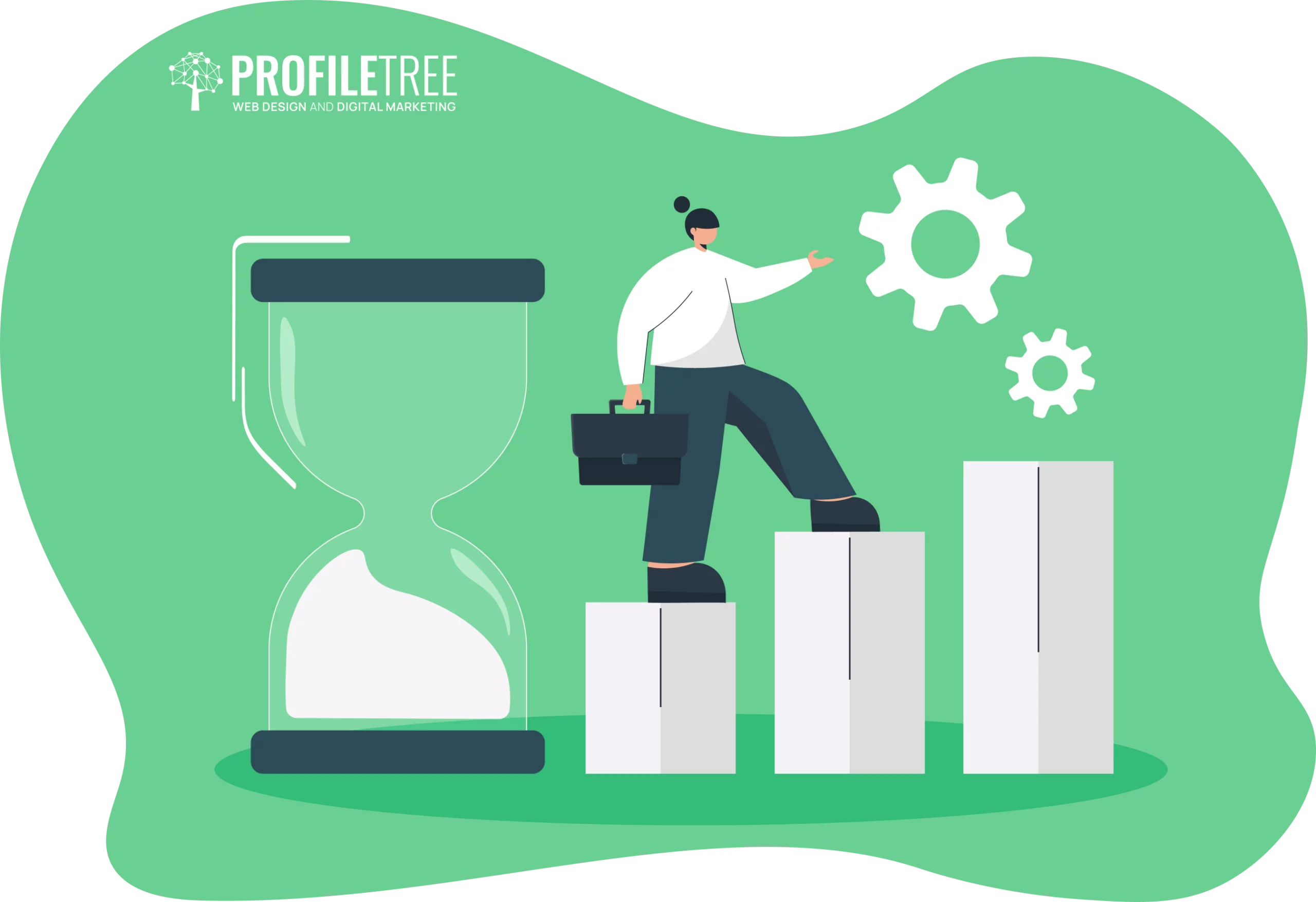 A dynamic illustration of a person with a briefcase standing on ascending bar graphs, pointing at gears, with an hourglass nearby—symbolizing motivation during a career transition.