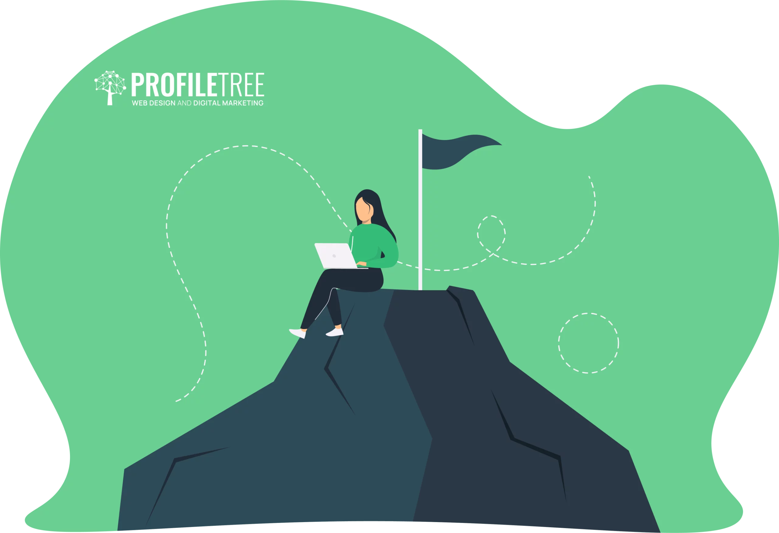 Illustration of an entrepreneur woman sitting atop a mountain with a laptop and a flag, featuring the ProfileTree logo in the corner, on a green background.
