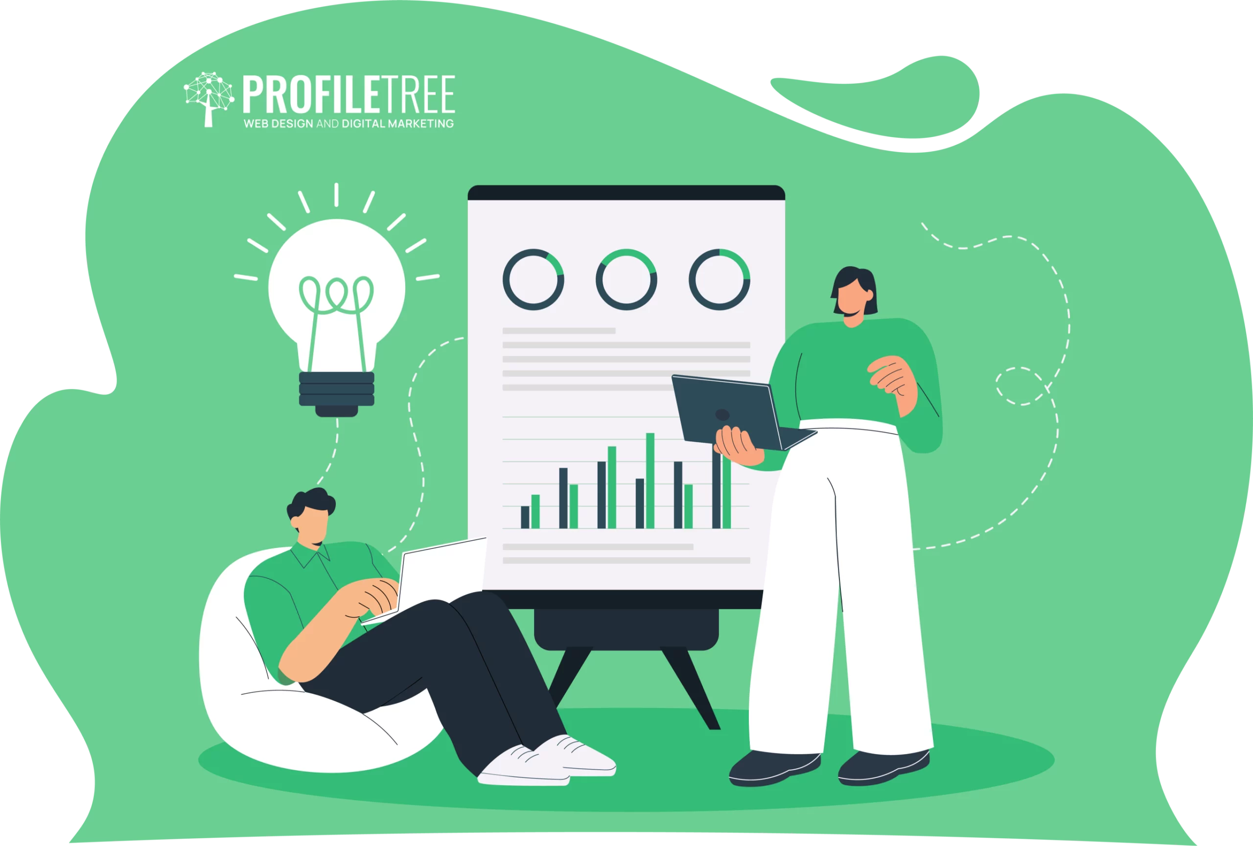 Two people with laptops analyze data on a large chart with graphs and circular indicators, with a light bulb icon in the background, set against a green backdrop—perfect for illustrating Design Thinking Training concepts.