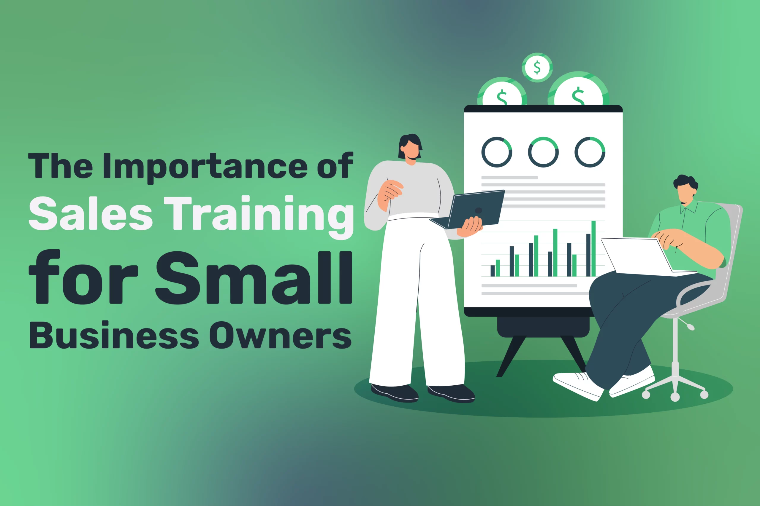Two people discuss charts and graphs in front of a presentation board, highlighting the importance of sales training and effective sales strategy for small business owners.