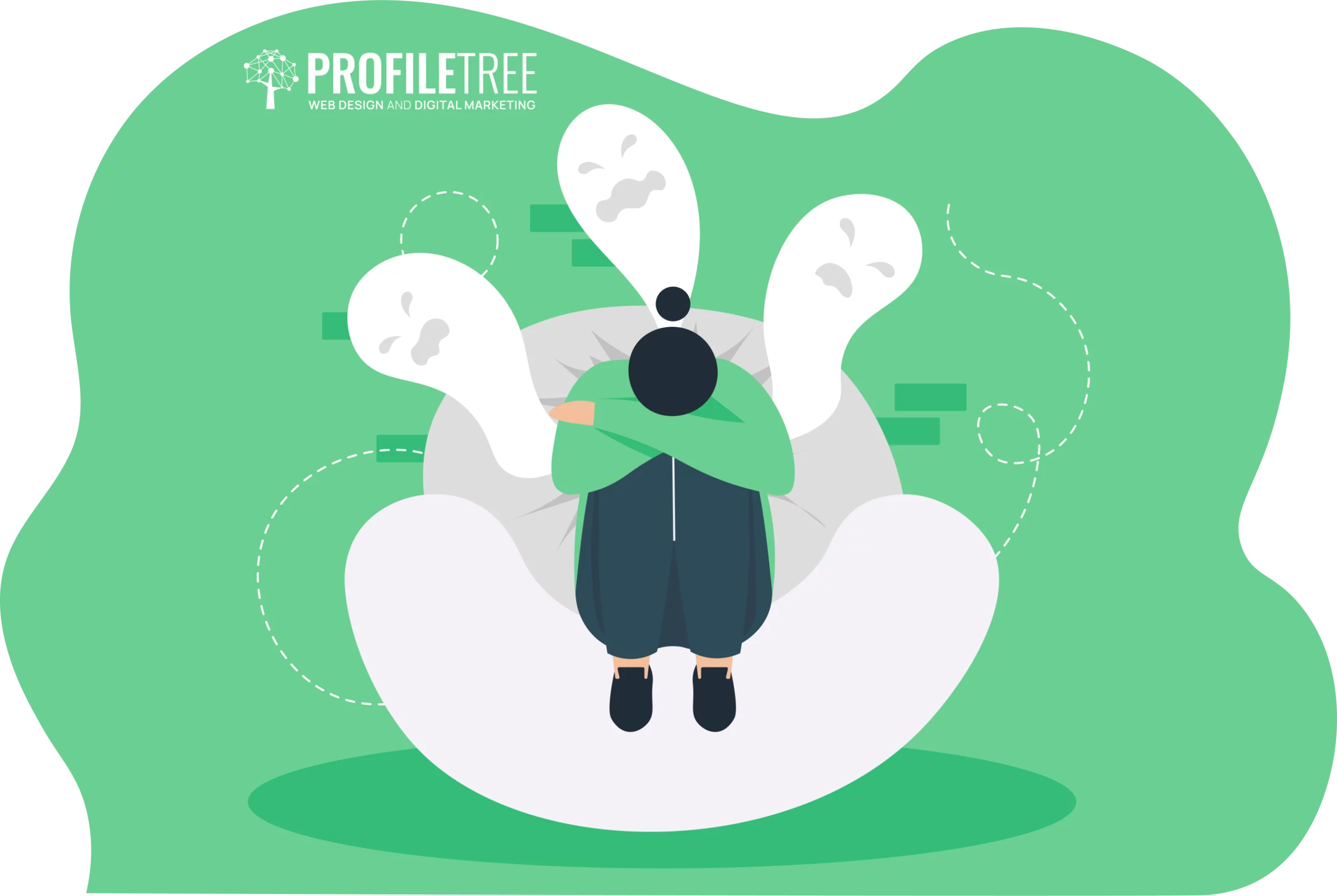 Illustration of a person sitting on a chair with knees up, head down, and sad face icons around, conveying feelings of stress, self-doubt, or impostor syndrome.