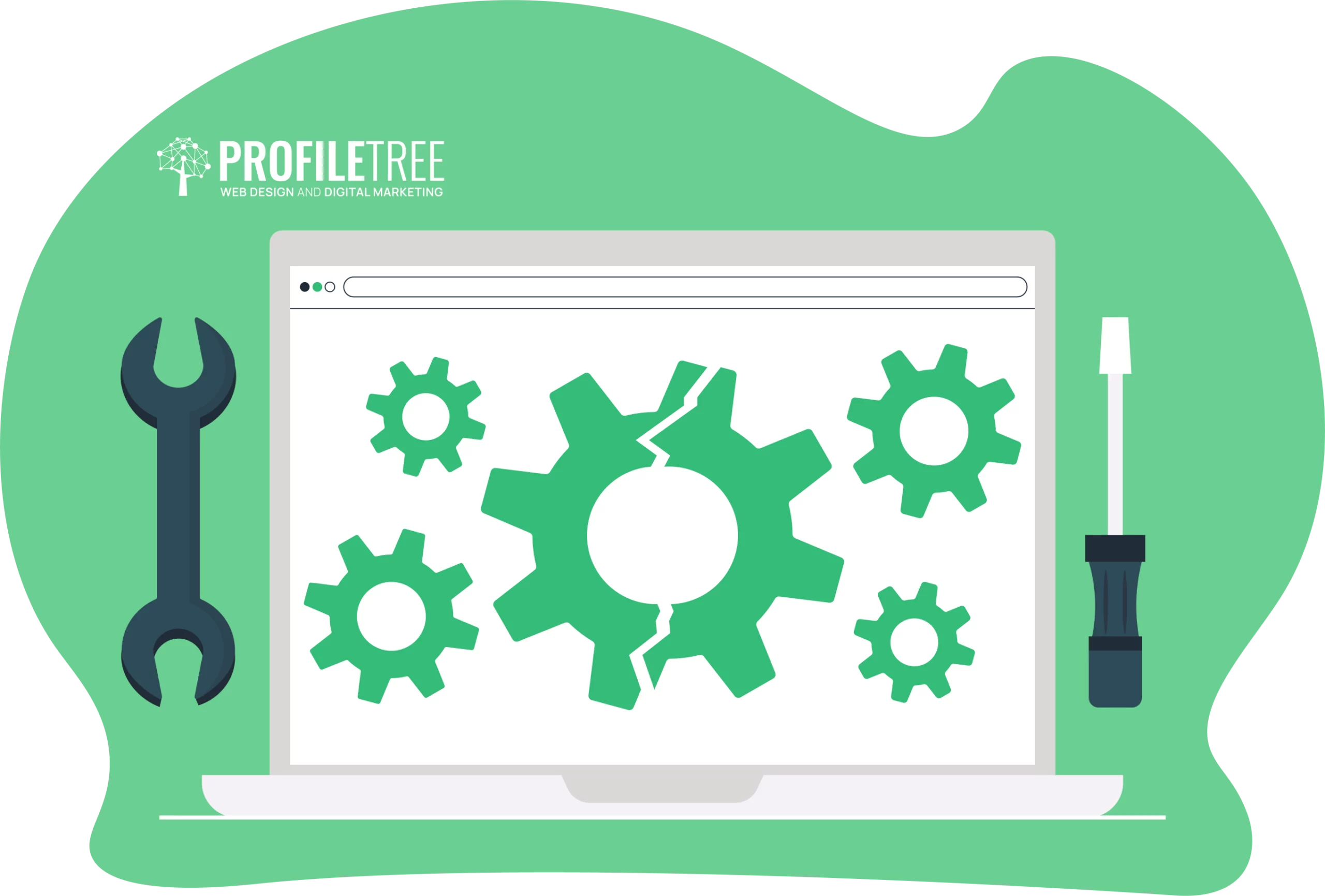 Illustration of a laptop displaying broken green gears on the screen, referencing Shopify updates, with a wrench and screwdriver on either side; "ProfileTree Web Design & Digital Marketing" logo at top left.