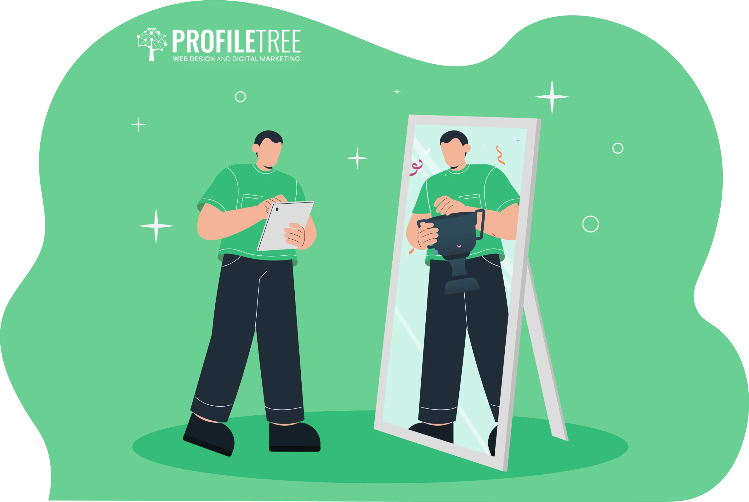 Illustration of a person writing on a clipboard while looking into a mirror, where their reflection—shadowed by self-doubt—holds an open book. "ProfileTree" branding is visible in the corner.