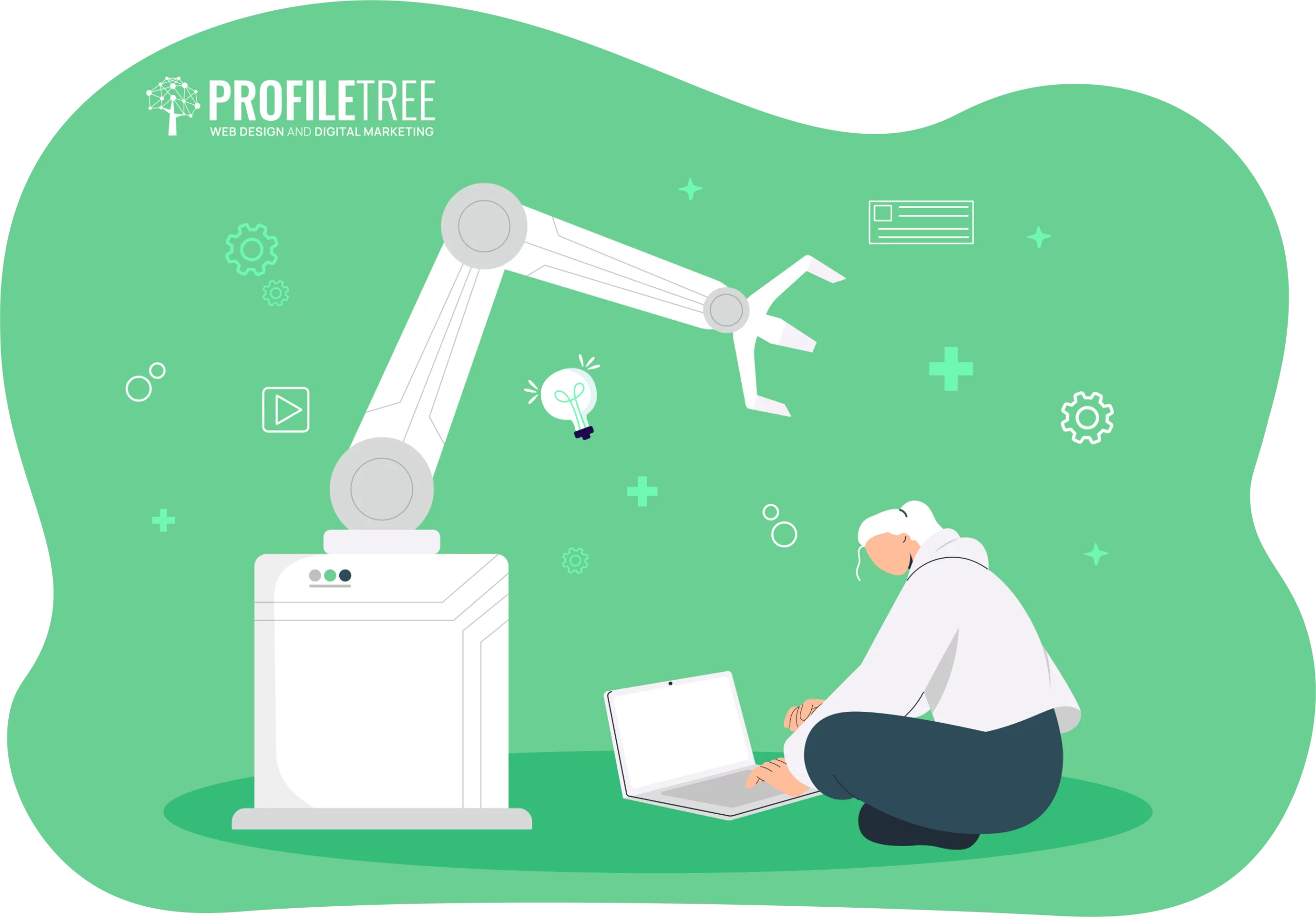 A person sits on the floor using a laptop while a BluePrint AI-powered robotic arm holds a lightbulb, with digital and gear icons in the background.