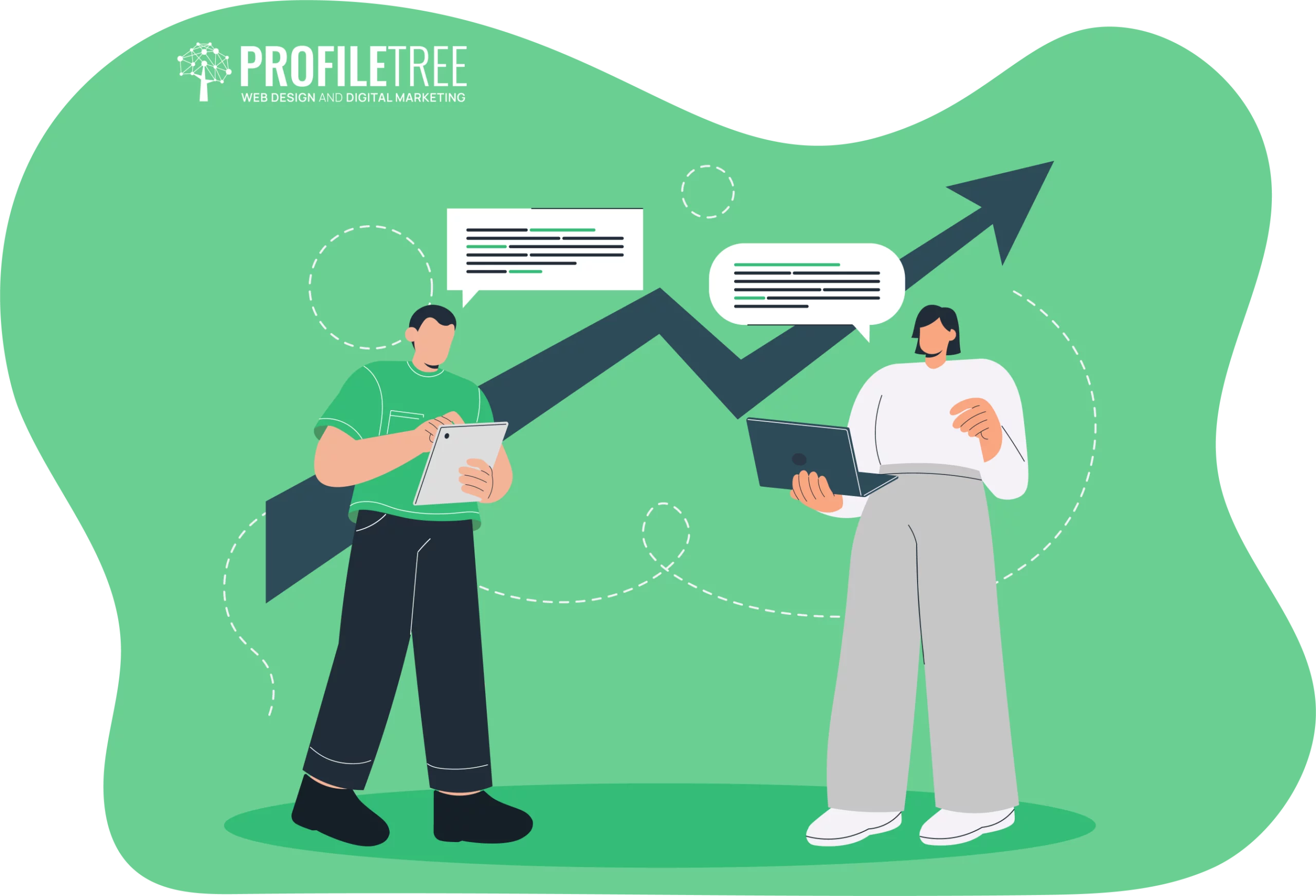Two people with digital devices stand before an upward-pointing arrow graph, symbolizing professional growth and business success, with the ProfileTree logo in the top left corner.