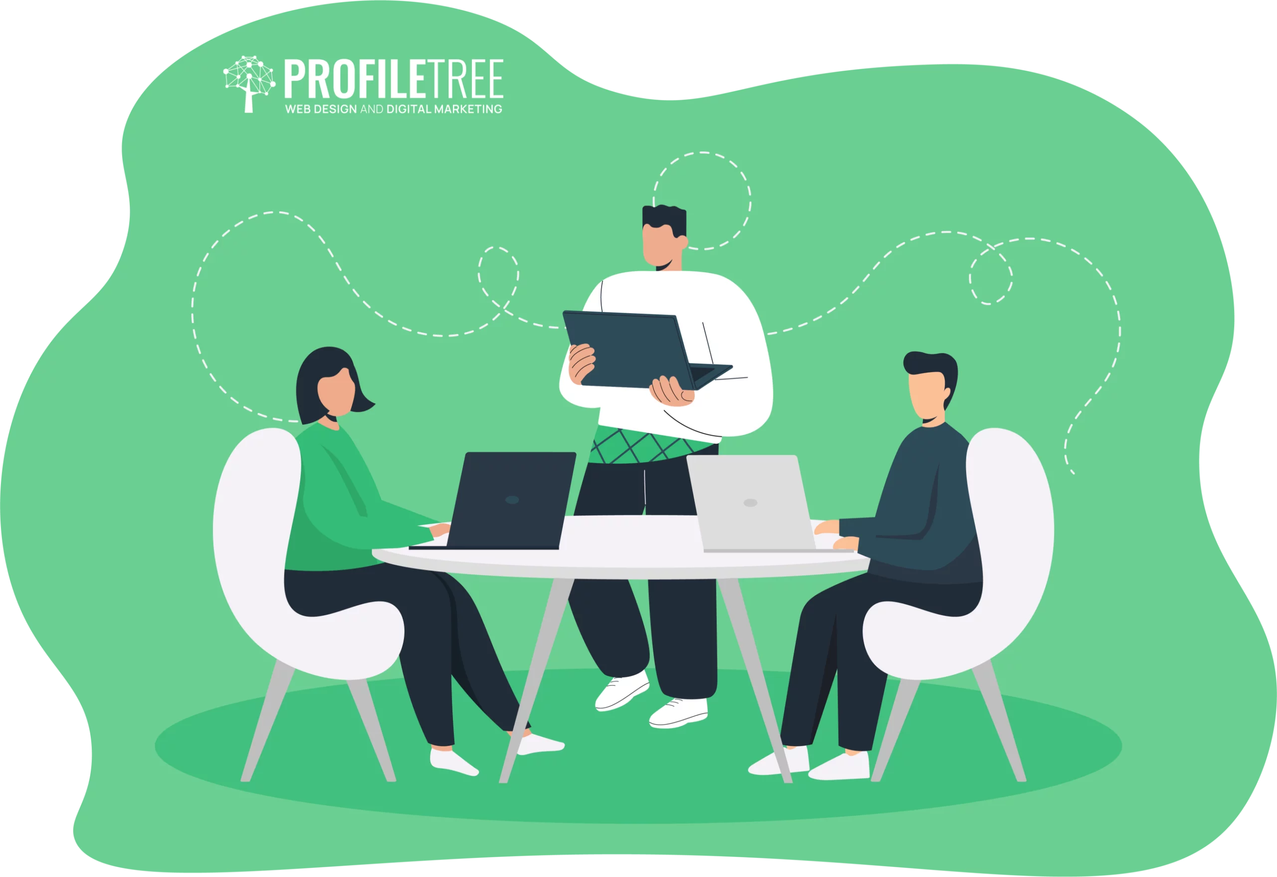 Three people working together at a table with laptops; one person stands holding a clipboard, actively engaging in job shadowing while two others are seated. "PROFILE TREE" web design and marketing logo is in the corner.