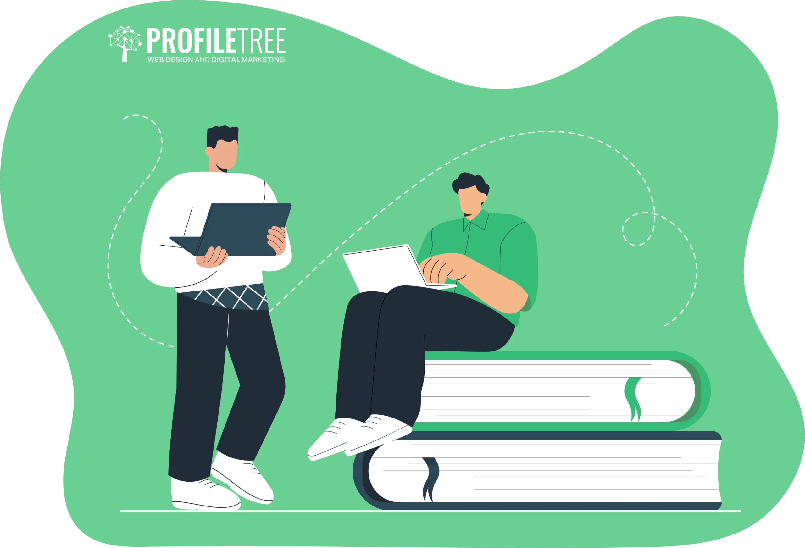 Two people working on laptops—one standing, one sitting on stacked books—symbolize Career Development and mentoring, with the "ProfileTree" logo in the background.
