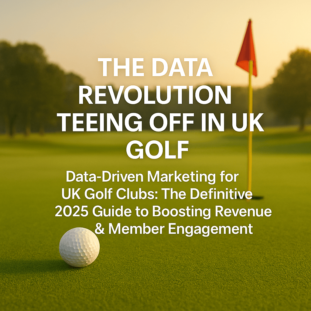 A golf ball rests near a hole with a red flag on a green course at sunrise. Overlaid text reads: The Data Revolution Teeing Off in UK Golf with a subtitle about data-driven marketing for UK golf clubs.