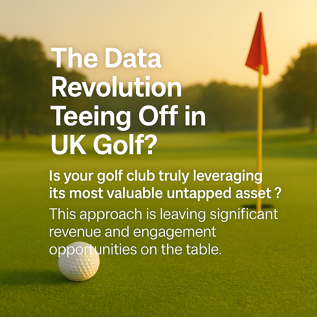 A golf ball near the hole on a golf course at sunset, with text overlay discussing the use of data in UK golf clubs to increase revenue and engagement.