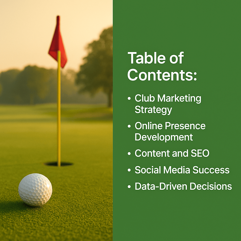 A golf ball near a hole with a red flag on a green course; beside it, a green box lists Table of Contents topics: Club Marketing Strategy, Online Presence Development, Content and SEO, Social Media Success, Data-Driven Decisions.