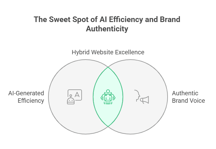 A Venn diagram titled The Sweet Spot of AI Efficiency and Brand Authenticity highlights the overlap between AI-Generated Efficiency and Authentic Brand Voice, labeled as Hybrid Website Excellence—a valuable guide for businesses seeking a durable AI website.