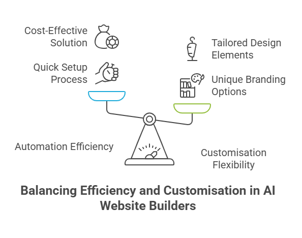 A graphic of balancing scales contrasts efficiency benefits—cost-effectiveness, quick setup, automation—with customisation perks like tailored design, unique branding, and flexibility. Perfect as a guide for businesses seeking a durable AI website solution.