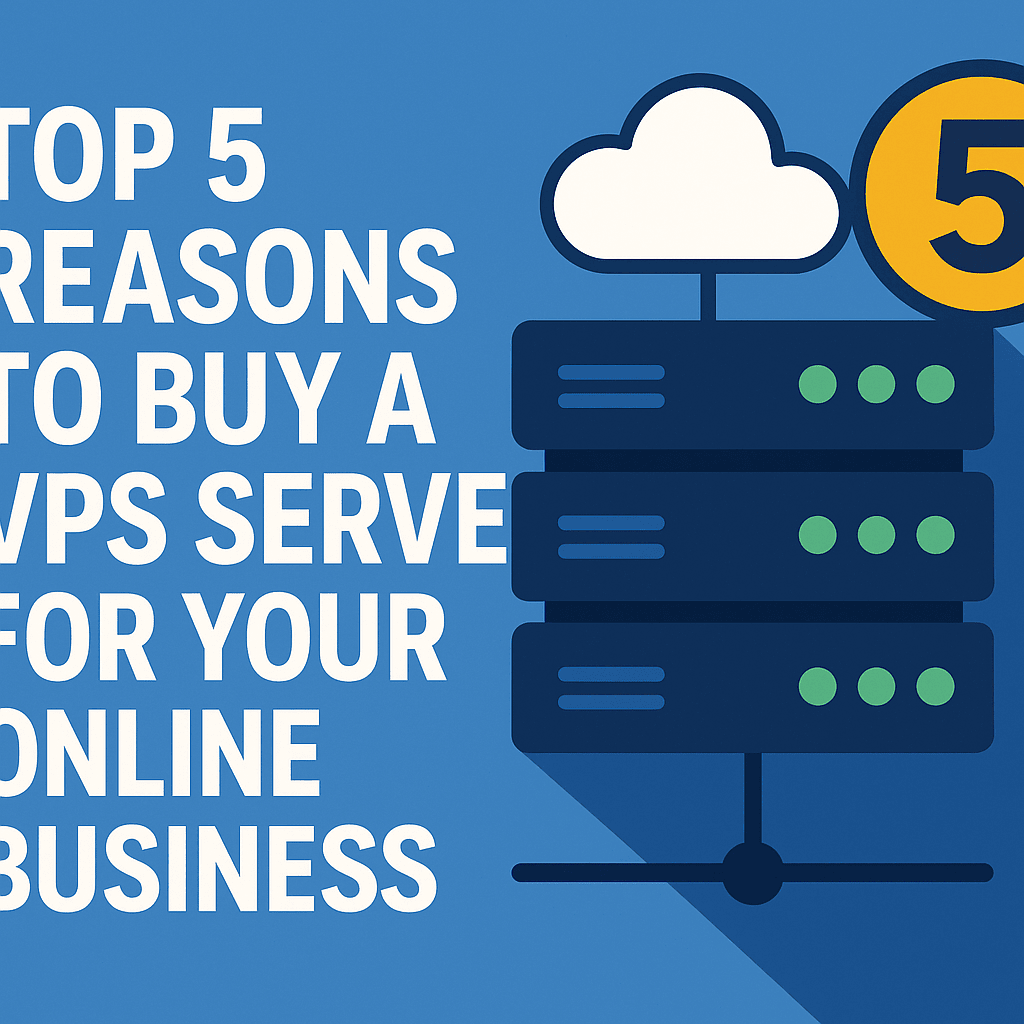 Text graphic with a cloud, server icons, and a number 5, alongside the words: Top 5 Reasons to Buy a VPS Server for Your Online Business on a blue background.