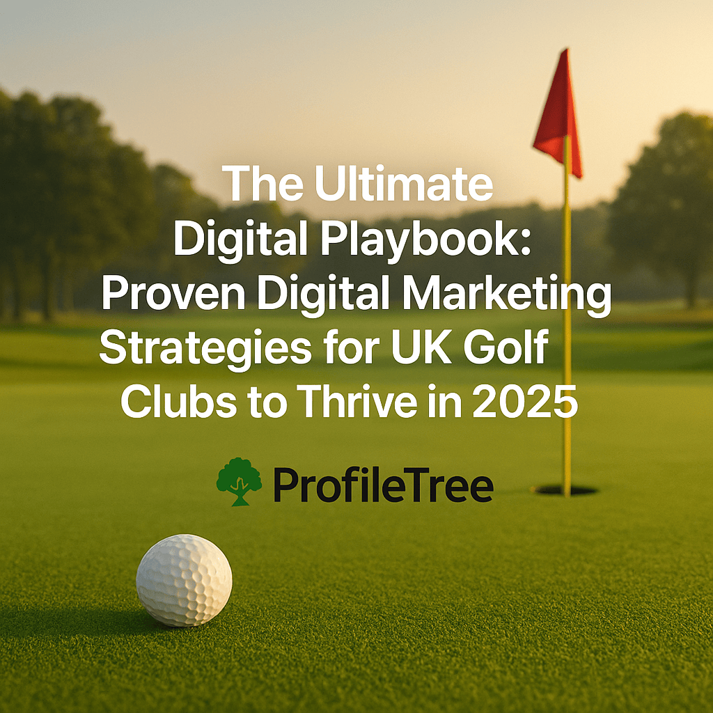 A golf ball sits on the green near a hole with a red flag. Text over the image reads: The Ultimate Digital Playbook: Proven Digital Marketing Strategies for UK Golf Clubs to Thrive in 2025. ProfileTree.