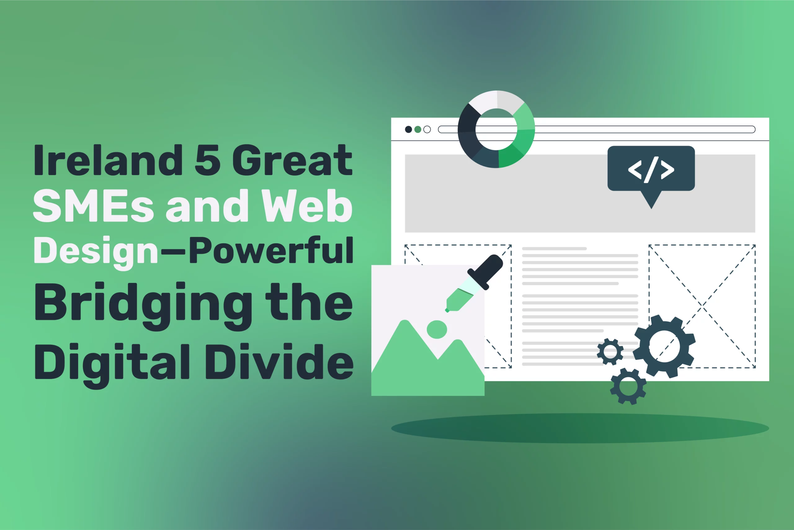 Text reads “Ireland 5 Great SMEs and Web Design—Bridging the Digital Divide” on a green gradient background, featuring graphics of a computer screen, gears, a paint icon, and chart circle to highlight SMEs and web development.