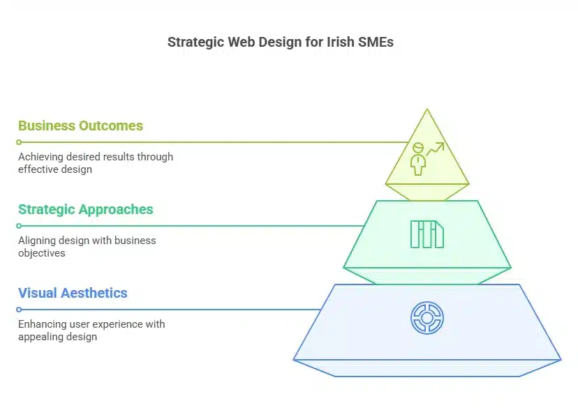 A pyramid diagram titled Strategic Web Design for Irish SMEs shows three tiers—Business Outcomes, Strategic Approaches, and Visual Aesthetics—each with an icon and brief description, illustrating how SMEs and web design are key to bridging the digital divide.