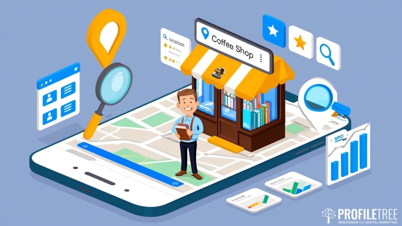Illustration of a man standing on a large smartphone displaying a map with a coffee shop, location icons, charts, magnifying glasses, and review stars, representing local business search, digital marketing, and Local SEO Guide.