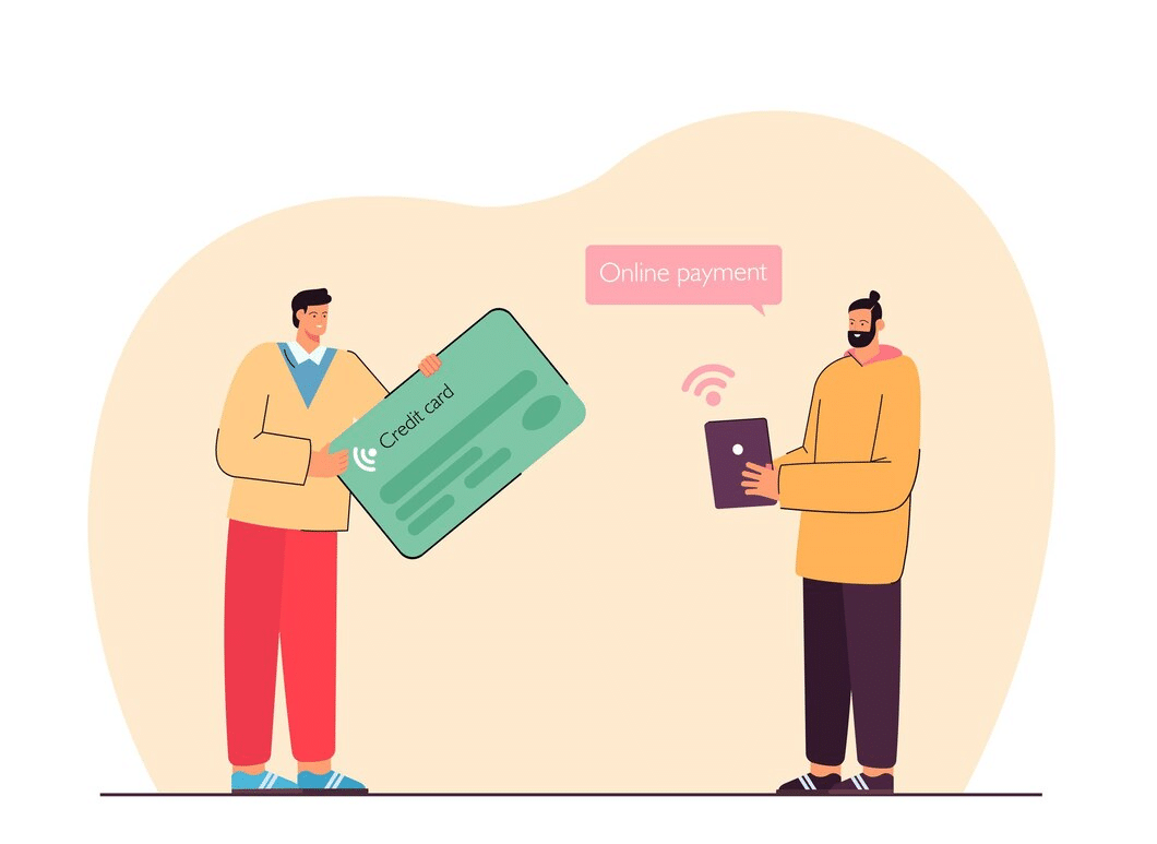 Two people making an online payment; one holds a large credit card, and the other holds a tablet with a Wi-Fi symbol above it and a speech bubble saying “Online payment”—illustrating convenient cross-border payments.