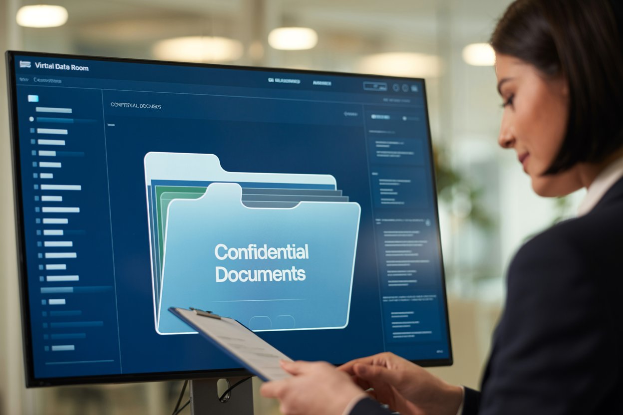 A woman in business attire reviews a document while standing near a monitor displaying a virtual file folder labeled Confidential Documents in an office setting.