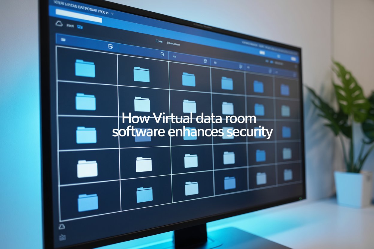 A computer monitor displays a virtual data room interface with multiple digital folders on the screen. The text overlay reads, How Virtual data room software enhances security. A plant is visible in the background.