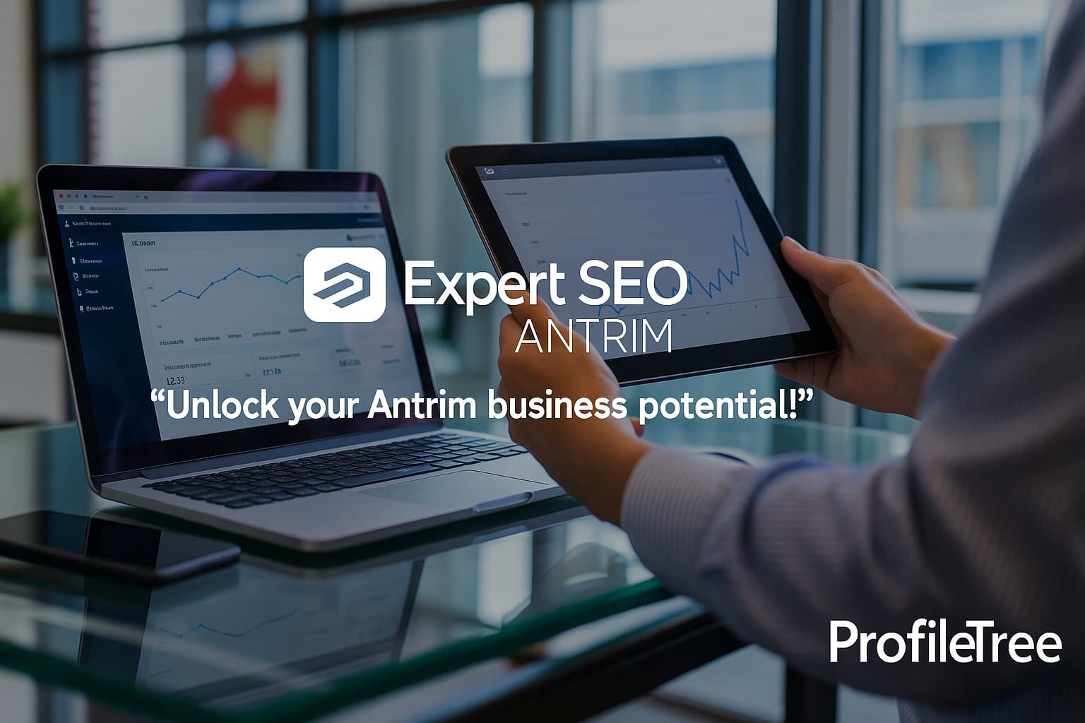A person holding a tablet with a rising graph displayed, next to a laptop showing analytics charts. Text overlaid reads: Expert Antrim SEO services. Unlock your Antrim business potential! ProfileTree.