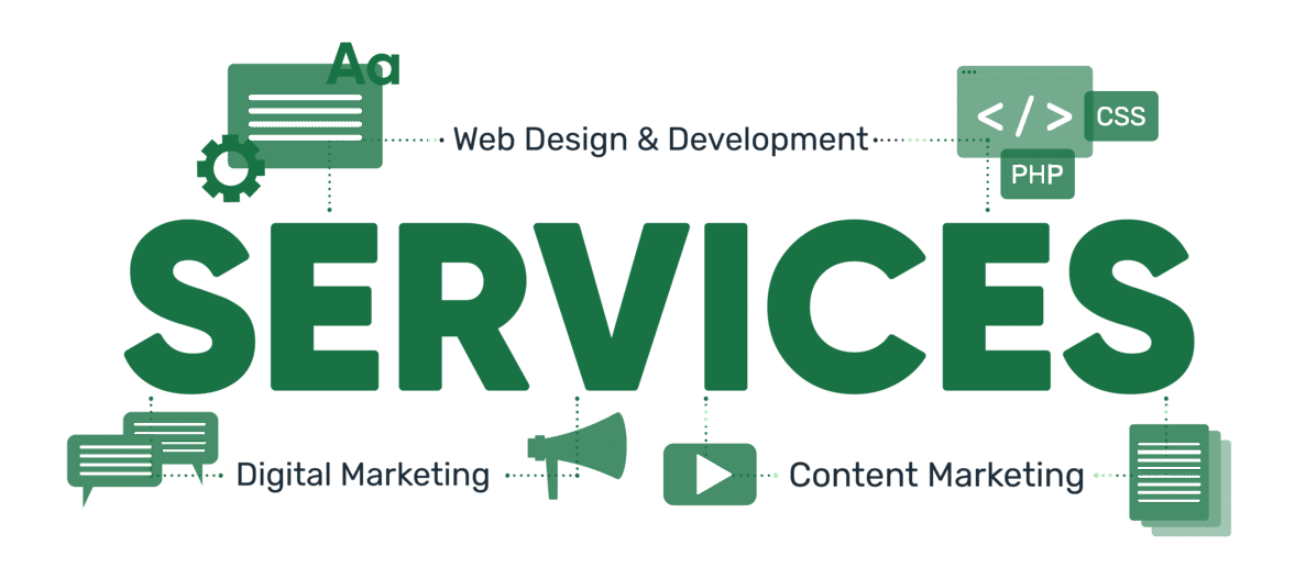 The image displays the word SERVICES with icons and text for Agency Services like Web Design & Development, Digital Marketing, and Content Marketing, plus symbols such as a monitor, chat bubbles, and code brackets.