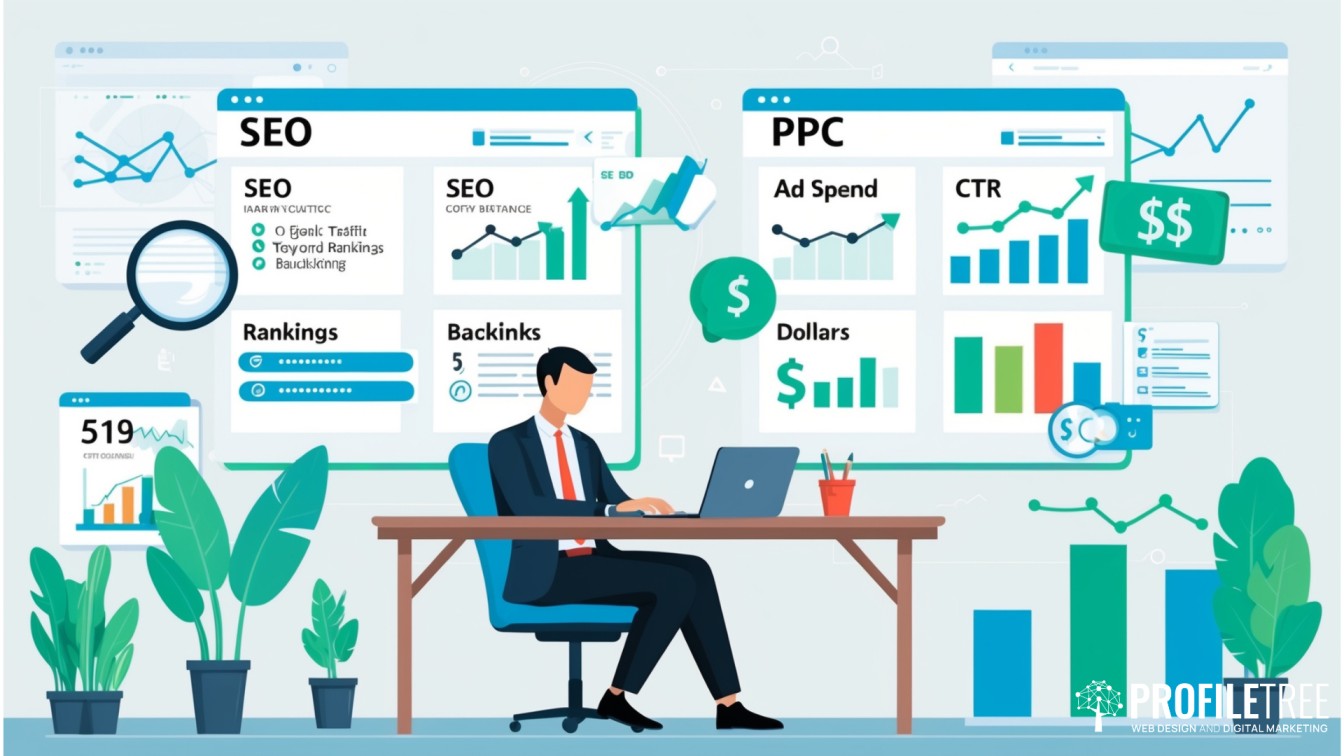 Illustration of a man working at a desk with graphs and charts behind him, comparing SEO metrics like rankings and backlinks and PPC metrics like ad spend and CTR. Various data visualizations and dollar signs are shown.