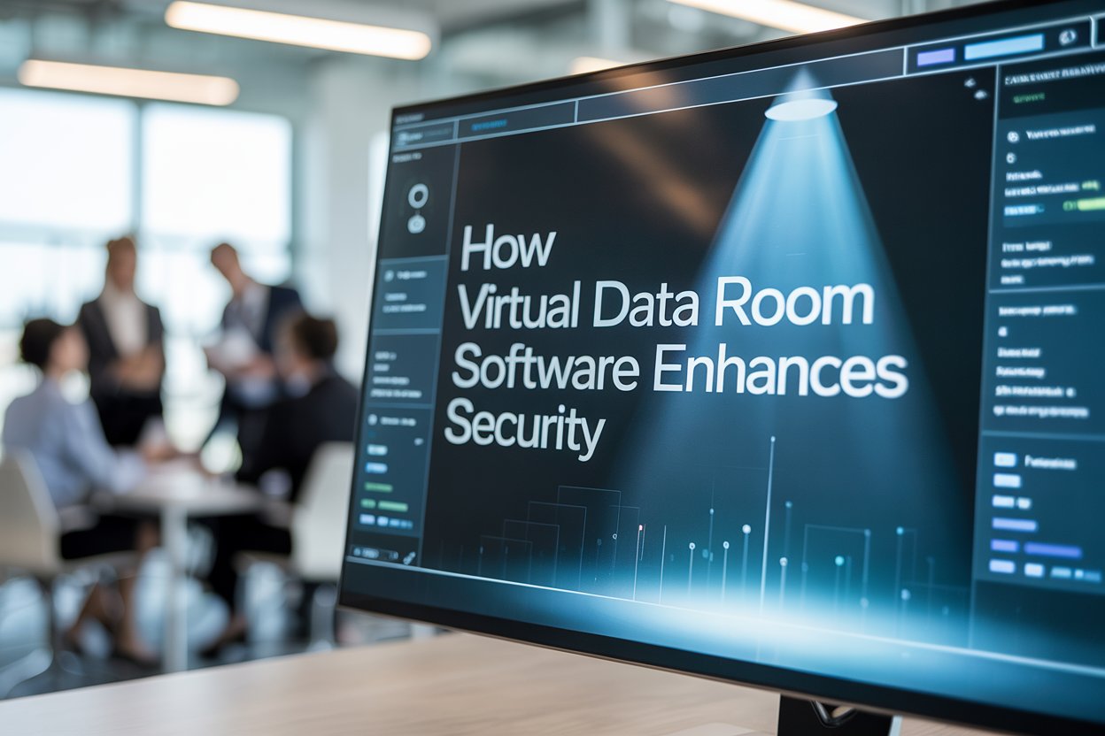 A computer monitor displays the text How Virtual Data Room Software Enhances Security in an office setting, with four people blurred in the background having a meeting.