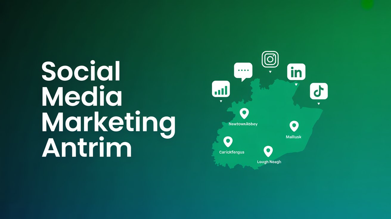 Green gradient background with the text “Social Media Marketing Antrim.” Beside it, a map of Antrim highlights towns like Newtownabbey and Mallusk with pins and icons for Instagram, Linkedin, TikTok—showcasing expert digital marketing across the region.