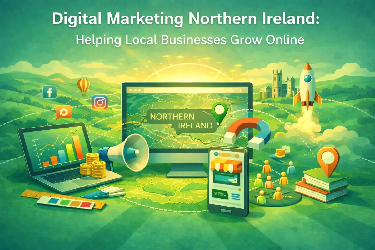Digital Marketing Northern Ireland: Illustration showing Digital Marketing Northern Ireland concepts with a map of Northern Ireland, laptop, mobile phone, social media icons, coins, charts, and megaphone. Text reads: Digital Marketing Northern Ireland—Helping Local Businesses Grow Online.