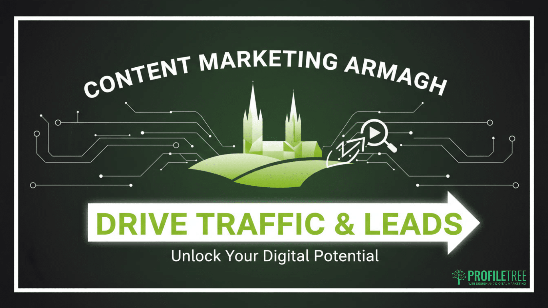 Digital graphic with Content Marketing Armagh at the top, a stylized landscape with cathedral spires, and arrows with circuit patterns highlighting how Content Marketing can Drive Traffic & Leads and Unlock Your Digital Potential.