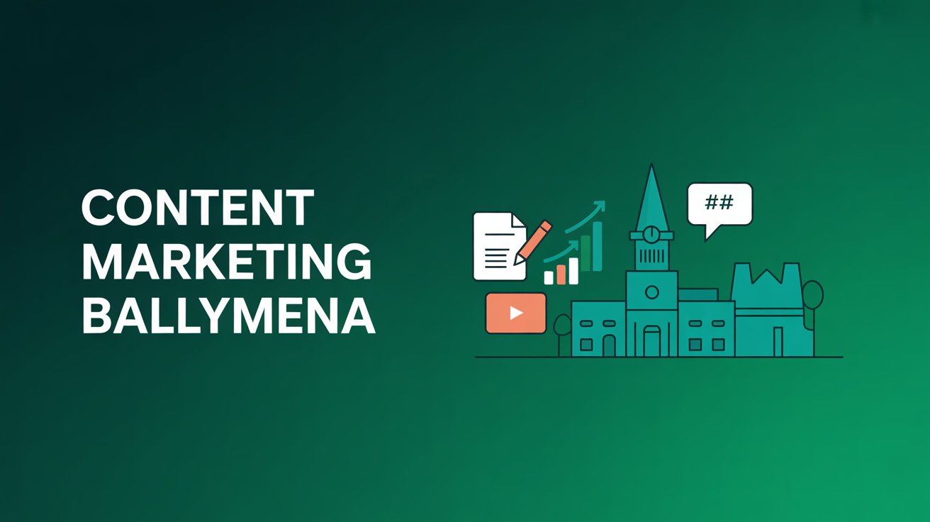 White text reading Content Marketing Ballymena stands next to illustrated icons—a document, pencil, graph, speech bubble, and buildings—set against a green gradient background, capturing the essence of impactful content marketing.